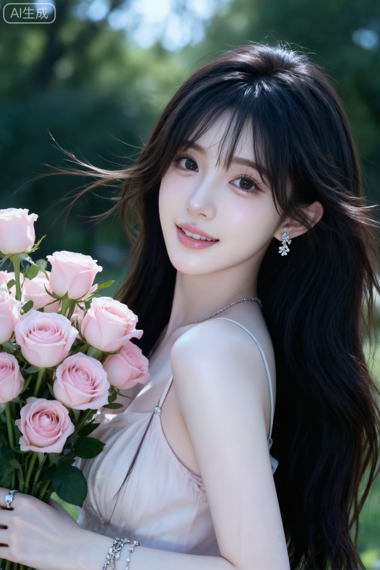 杰作级画质,顶级图像精度,超高清细节渲染,单人女性角色,（乌黑亮丽的长发：1.4）,（比例优越的纤细长腿：1.3）,（肌肤白皙光滑的匀称美腿：1.4）,（挺拔饱满的D 罩杯曲线：1.4）,（精致立体的美颜五官：1.4）,黄金比例惹火身段,体态窈窕挺拔,气质明艳动人,长相精致,皮肤瓷白、细腻、透亮泛着莹润光泽,一个女孩,
真实摄影,头部特写,亚麻色长发,佩戴耳饰、手链、戒指,身穿吊带长裙,手持粉色玫瑰花束,背景是户外绿意,整体风格优雅、浪漫,充满鲜花结合的氛围感,（电影级面光：1.6）,（光线追踪：1.5）,（冷白皮漫感质感的光滑皮肤：1.7）,（人物有最好的骨相：1.2）,（网感脸：1.6）,（网感妆：1.6）身材完美,莫兰迪配色,高颜值网红,INS风,幼态脸,19岁女生尖下巴,三庭五眼比例均衡,身材娇小,细腻陶瓷水嫩肌肤,偏冷白皮,随机的妆容,随机的饰品,随机的动作,侧光,发丝轻飘,凌乱,随机角度拍摄,总体有很多的不确定性,但又好看,
风格甜美少女系,氛围慵懒俏皮,东方美女,年轻娇小,发丝呈现出自然的蓬松感与垂坠感,长发散落于肩头两侧,几缕发丝拂面,冷白皮气质美女,纯欲风,皮肤白皙,偶像气质,fairskin,气质的江南美女子,有点甜美,皮肤美白透亮,表情可爱,甜美氛围,细腻笔触,独特韵味的美,可爱表情