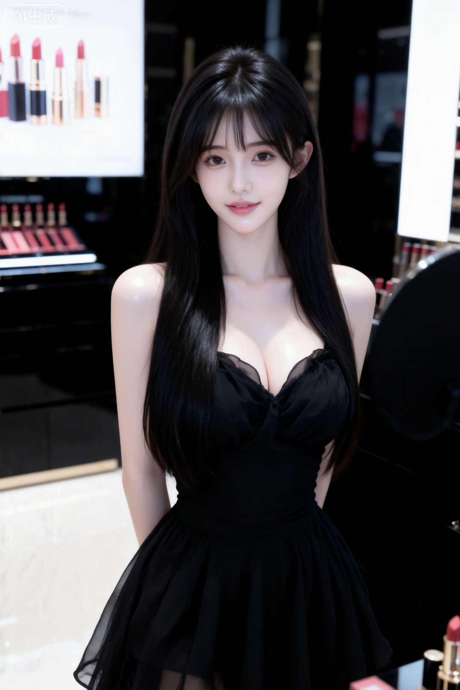 杰作级画质,顶级图像精度,超高清细节渲染,单人女性角色,（乌黑亮丽的长发：1.4）,（比例优越的纤细长腿：1.3）,（肌肤白皙光滑的匀称美腿：1.4）,（挺拔饱满的D 罩杯曲线：1.4）,（精致立体的美颜五官：1.4）,黄金比例惹火身段,体态窈窕挺拔,气质明艳动人,长相精致,皮肤瓷白、细腻、透亮泛着莹润光泽,一个女孩,
一位年轻女子身穿黑色雪纺裙,长发,在豪华的口红店试口红,要求自然,真实,高清。

人像摄影,日常快照风格,非精心构图或打光,冷白皮,瓜子脸尖下巴,皮肤白皙,底妆通透,肤色均匀自然,纯欲风。,发丝清晰可见,皮肤白皙,底妆通透,肤色均匀自然,纯欲风。光线柔和自然,非均匀打光,表情自然松弛,照片毫无修饰感,带有生活真实感。ccd拍照感,iphone实拍,真人,真实生活,傲人身材,D cup,美颜全开,光滑油亮的皮肤,水嫩的肌肤,