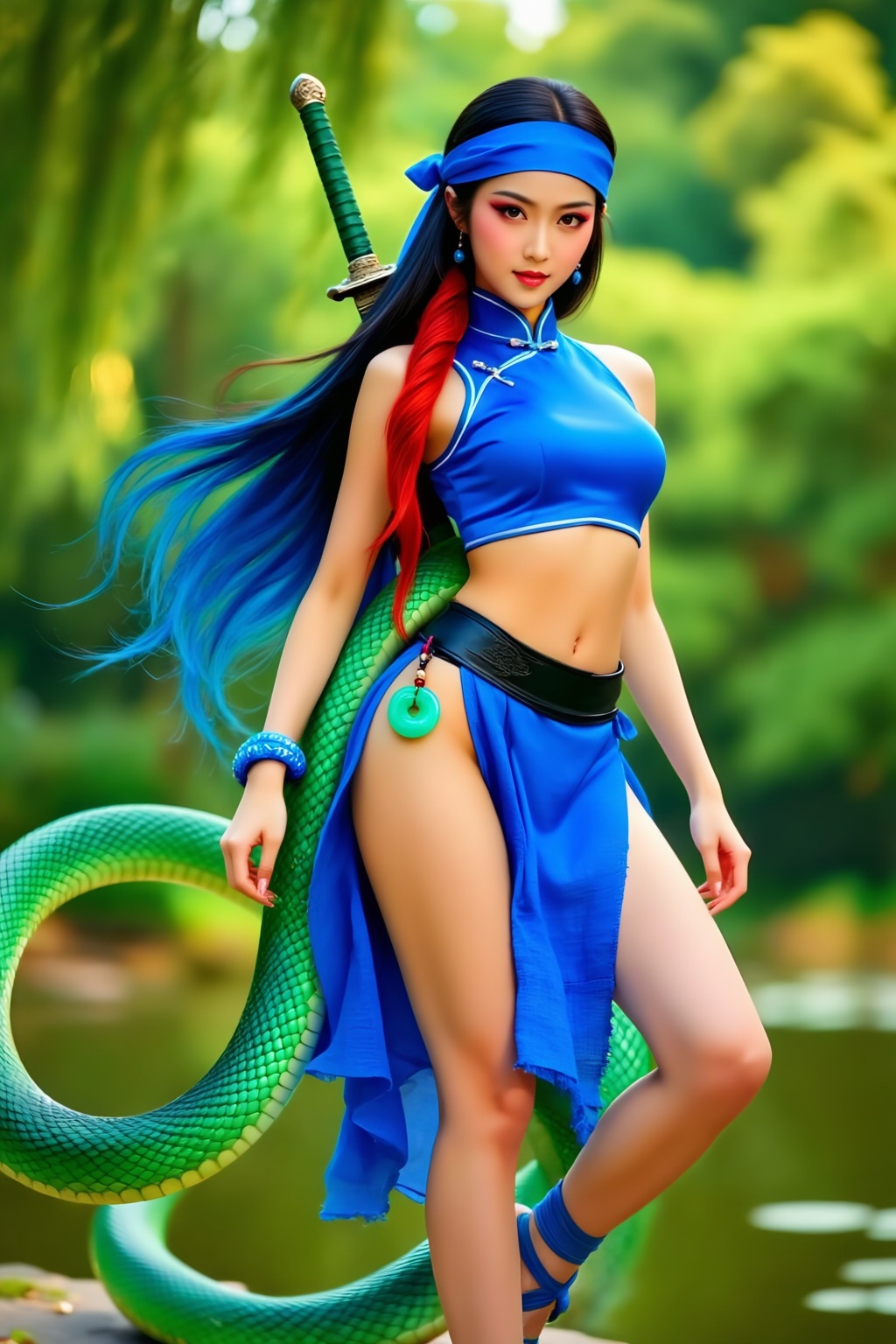 Top quality. Inspiration: Xiaoqing from the Legend of the White Snake. Scene: On a bridge over West Lake,  a beautiful mai...