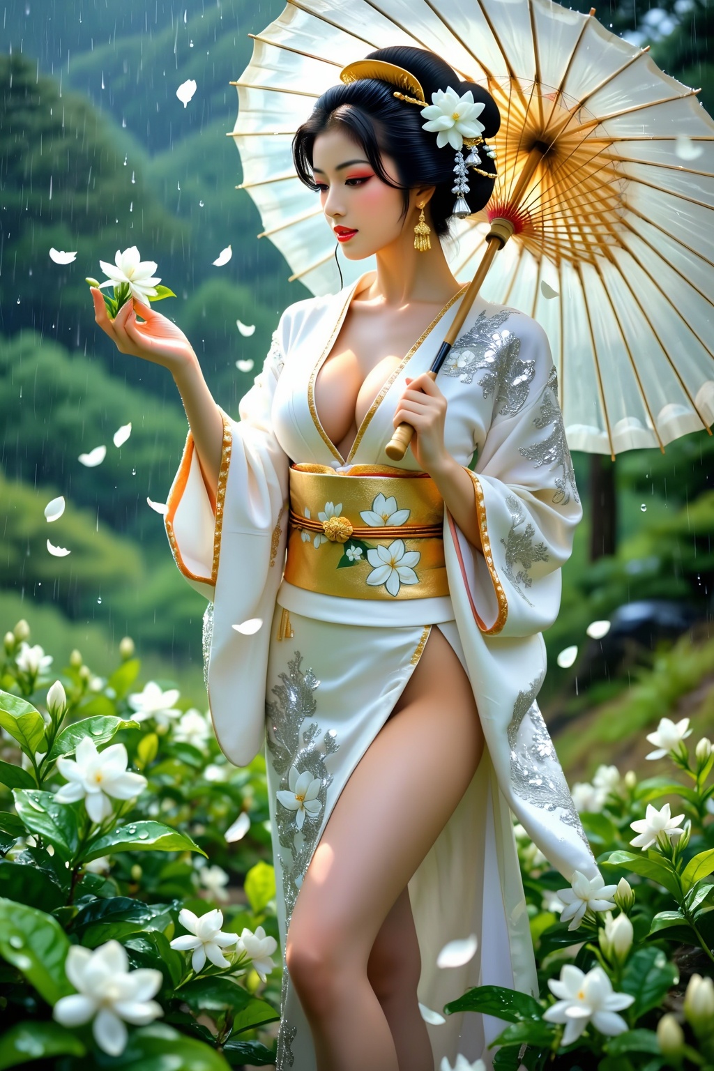 Top quality,  ranked number one,  inspired by jasmine and the afterglow of rain. Close-up: On a hillside after the rain on...