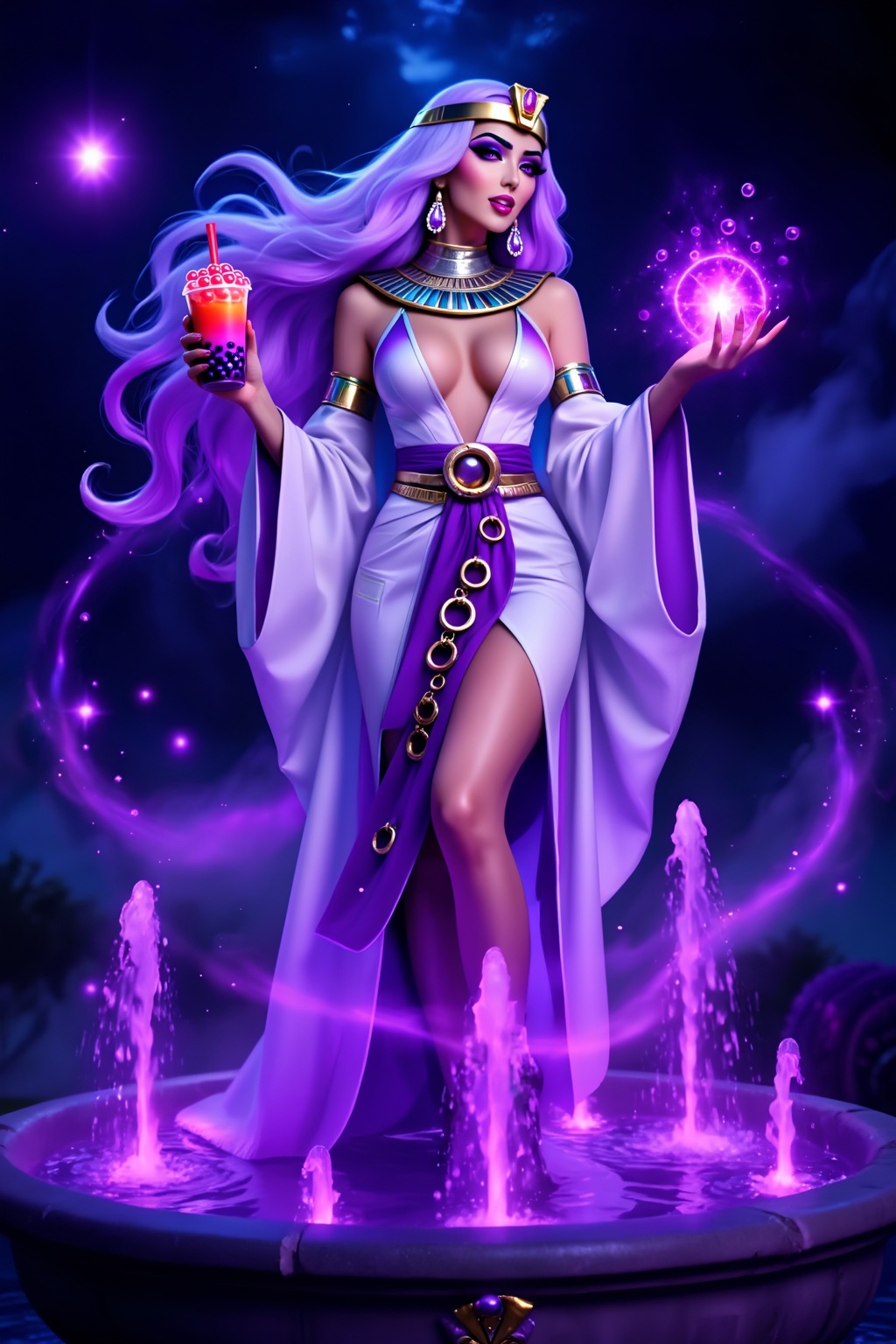 Top quality. Inspiration: Bubble tea,  magic,  magician. Visuals: A witch stands in a white-purple robe. She wears a gold...