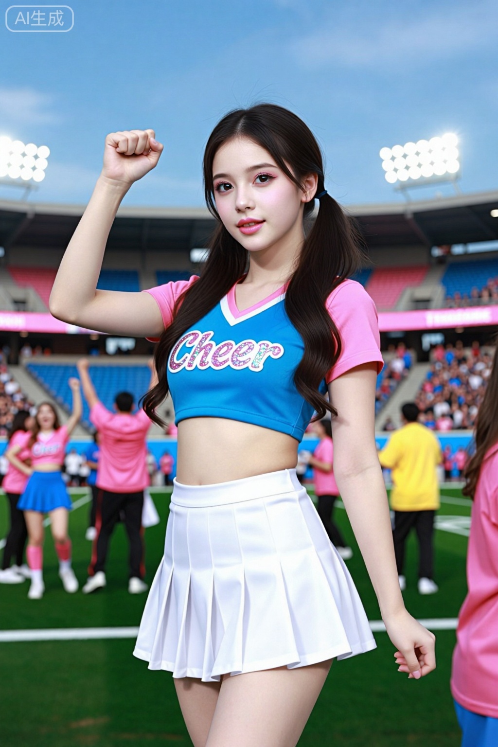 Create an image of a young woman posing confidently in a vibrant sports stadium. She has long, dark hair styled in a sleek ponytail, and her makeup is fresh and youthful, featuring a soft pink lip color and subtle eye makeup. She is wearing a fitted cheerleader outfit that consists of a sparkling blue crop top with the word "Cheer" embellished in glittering letters and a white pleated mini skirt.The background showcases a lively sports scene filled with cheering fans dressed in team colors, with a clear blue sky overhead and stadium lights glowing in the background. The atmosphere is energetic and festive, capturing the spirit of a game day. The focus is on the cheerleader, who is striking a playful pose with her fist raised confidently. The overall color palette consists of pinks, whites, and pops of color from the crowd, enhancing the dynamic and cheerful mood of the scene.