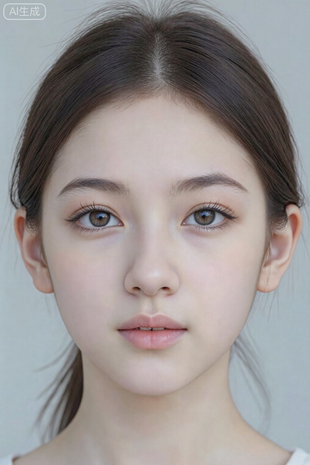A close-up, centered portrait of a young girl, is displayed. She has dark, neatly styled hair parted in the middle and framing her face. Her complexion is fair and smooth. Her eyes are dark, appearing a shade of grey, with a soft, gentle gaze directed towards the viewer. The subtle eye makeup includes delicately applied eyeliner and mascara. Her lips are a natural, soft pink and close mouth. She is positioned directly facing the camera, with a neutral expression, suggesting a calm or serene mood. The lighting is soft and even, highlighting her facial features. The background is a plain, light-toned setting, possibly studio or indoors, which keeps the focus on the subject. The overall style is clean, natural, and realistic, conveying a sense of understated beauty and tranquility. 