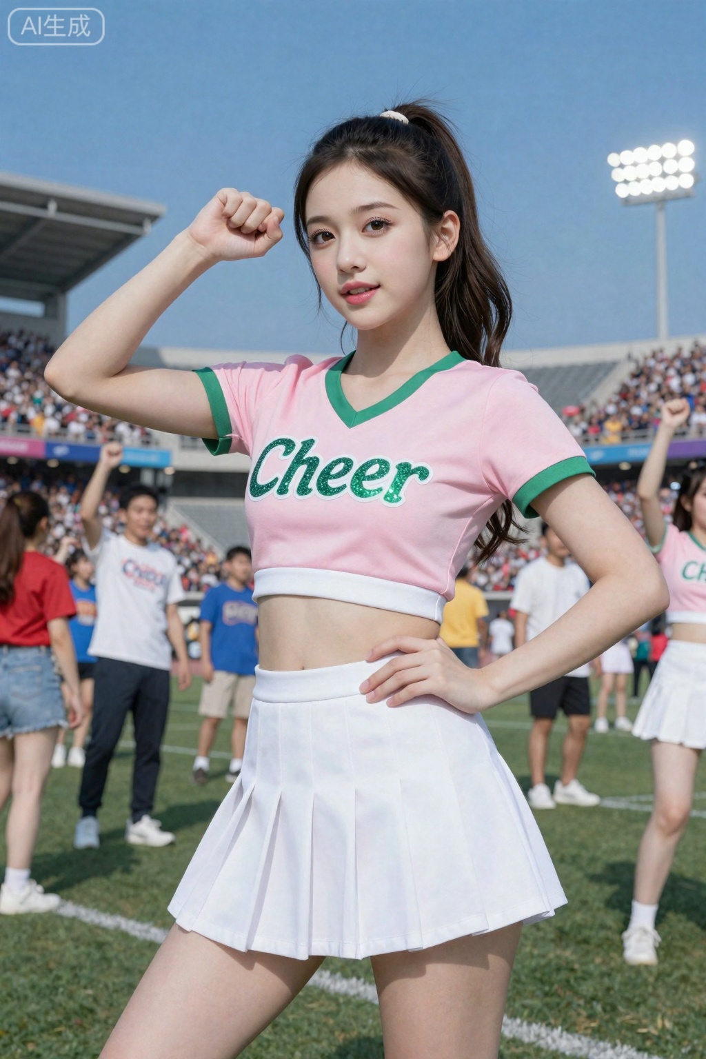 Create an image of a young woman posing confidently in a vibrant sports stadium. She has long, dark hair styled in a sleek ponytail, and her makeup is fresh and youthful, featuring a soft pink lip color and subtle eye makeup. She is wearing a fitted cheerleader outfit that consists of a sparkling green crop top with the word "Cheer" embellished in glittering letters and a matching pleated mini skirt.The background showcases a lively sports scene filled with cheering fans dressed in team colors, with a clear blue sky overhead and stadium lights glowing in the background. The atmosphere is energetic and festive, capturing the spirit of a game day. The focus is on the cheerleader, who is striking a playful pose with her fist raised confidently. The overall color palette consists of pinks, whites, and pops of color from the crowd, enhancing the dynamic and cheerful mood of the scene.