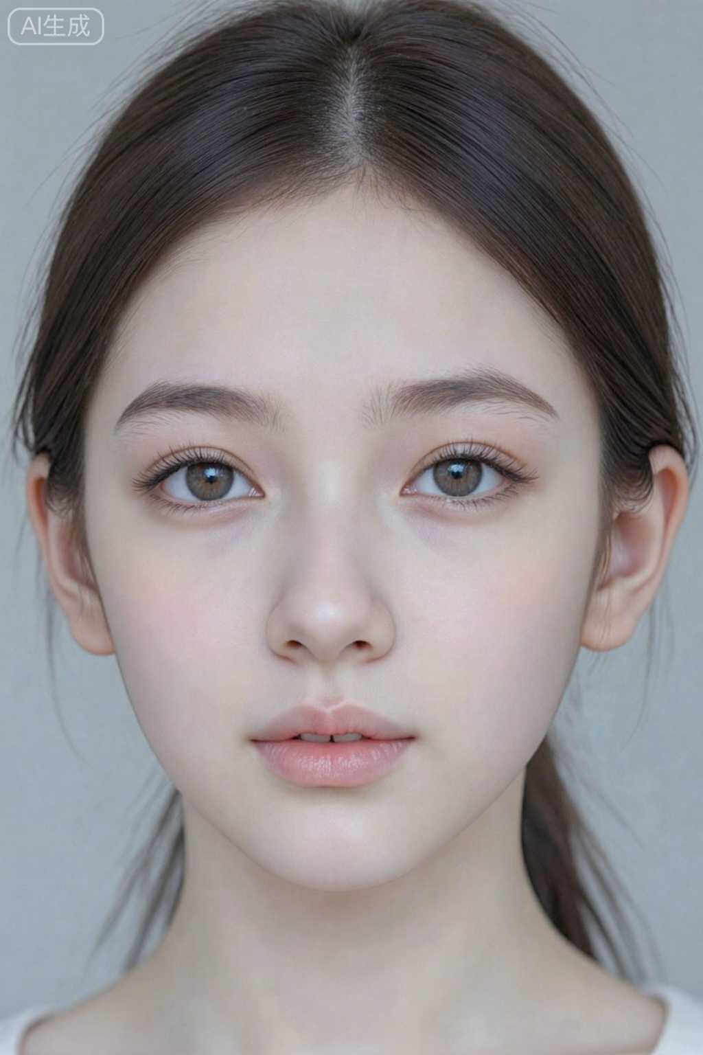 A close-up, centered portrait of a young girl, is displayed. She has dark, neatly styled hair parted in the middle and framing her face. Her complexion is fair and smooth. Her eyes are dark, appearing a shade of grey, with a soft, gentle gaze directed towards the viewer. The subtle eye makeup includes delicately applied eyeliner and mascara. Her lips are a natural, soft pink and close mouth. She is positioned directly facing the camera, with a neutral expression, suggesting a calm or serene mood. The lighting is soft and even, highlighting her facial features. The background is a plain, light-toned setting, possibly studio or indoors, which keeps the focus on the subject. The overall style is clean, natural, and realistic, conveying a sense of understated beauty and tranquility. 