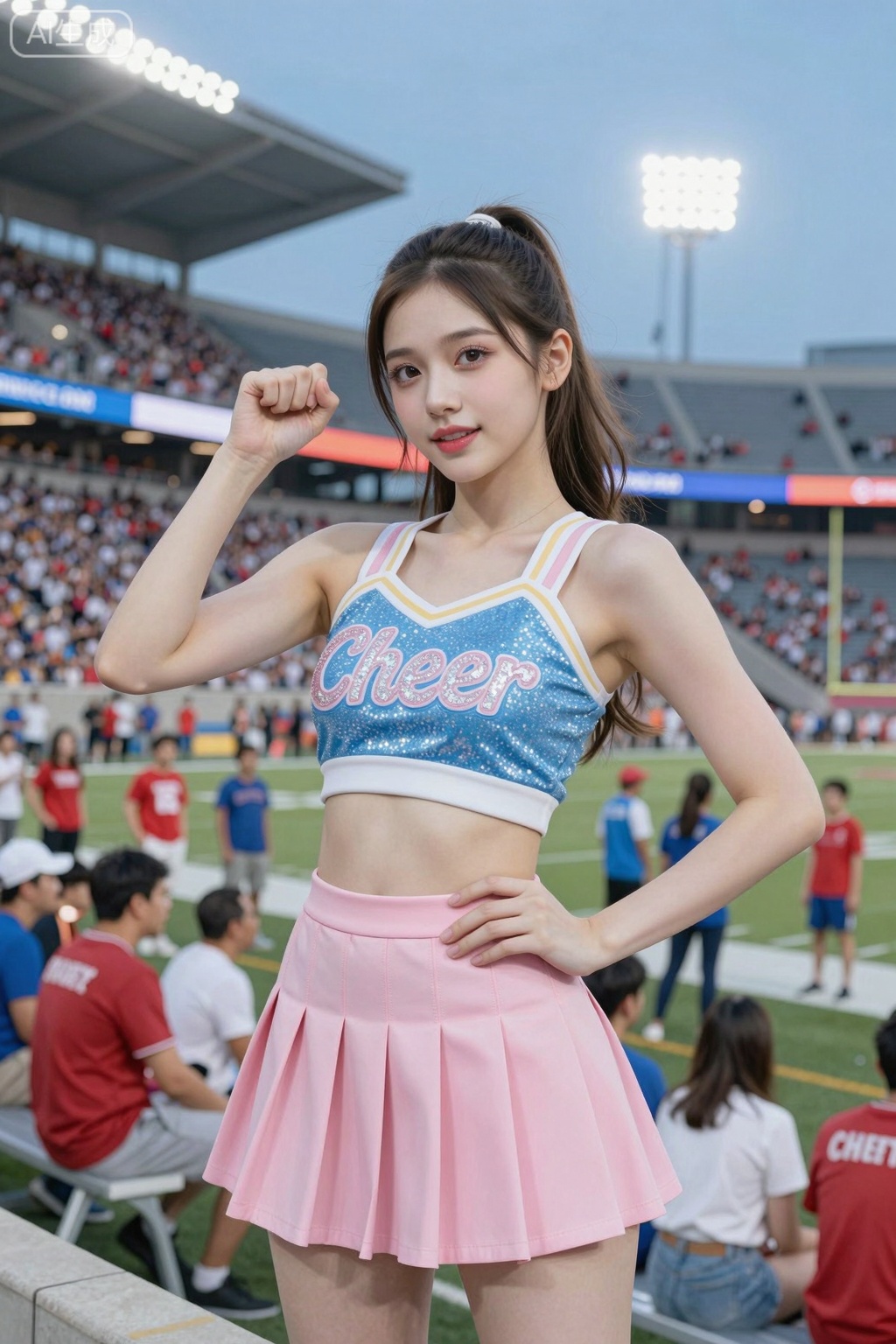 Create an image of a young woman posing confidently in a vibrant sports stadium. She has long, dark hair styled in a sleek ponytail, and her makeup is fresh and youthful, featuring a soft pink lip color and subtle eye makeup. She is wearing a fitted cheerleader outfit that consists of a sparkling blue crop top with the word "Cheer" embellished in glittering letters and a pink pleated mini skirt.The background showcases a lively sports scene filled with cheering fans dressed in team colors, with a clear blue sky overhead and stadium lights glowing in the background. The atmosphere is energetic and festive, capturing the spirit of a game day. The focus is on the cheerleader, who is striking a playful pose with her fist raised confidently. The overall color palette consists of pinks, whites, and pops of color from the crowd, enhancing the dynamic and cheerful mood of the scene.