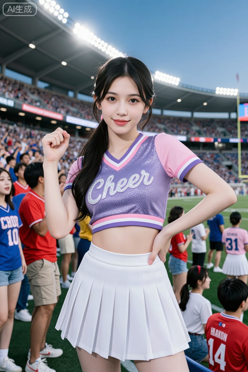 Create an image of a young woman posing confidently in a vibrant sports stadium. She has long, dark hair styled in a sleek ponytail, and her makeup is fresh and youthful, featuring a soft pink lip color and subtle eye makeup. She is wearing a fitted cheerleader outfit that consists of a sparkling purple crop top with the word "Cheer" embellished in glittering letters and a matching pleated mini skirt.The background showcases a lively sports scene filled with cheering fans dressed in team colors, with a clear blue sky overhead and stadium lights glowing in the background. The atmosphere is energetic and festive, capturing the spirit of a game day. The focus is on the cheerleader, who is striking a playful pose with her fist raised confidently. The overall color palette consists of pinks, whites, and pops of color from the crowd, enhancing the dynamic and cheerful mood of the scene.