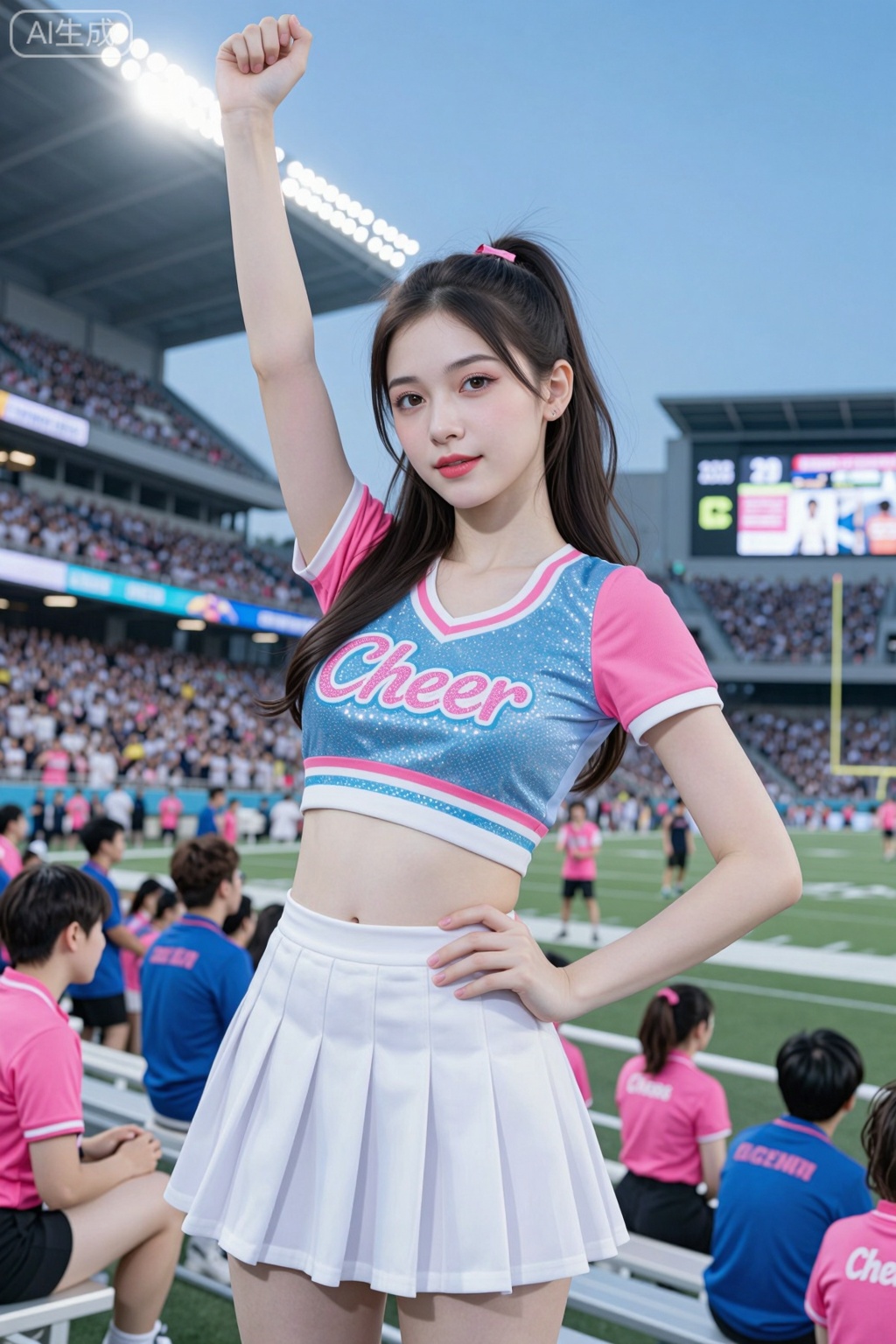 Create an image of a young woman posing confidently in a vibrant sports stadium. She has long, dark hair styled in a sleek ponytail, and her makeup is fresh and youthful, featuring a soft pink lip color and subtle eye makeup. She is wearing a fitted cheerleader outfit that consists of a sparkling blue crop top with the word "Cheer" embellished in glittering letters and a matching pleated mini skirt.The background showcases a lively sports scene filled with cheering fans dressed in team colors, with a clear blue sky overhead and stadium lights glowing in the background. The atmosphere is energetic and festive, capturing the spirit of a game day. The focus is on the cheerleader, who is striking a playful pose with her fist raised confidently. The overall color palette consists of pinks, whites, and pops of color from the crowd, enhancing the dynamic and cheerful mood of the scene.
