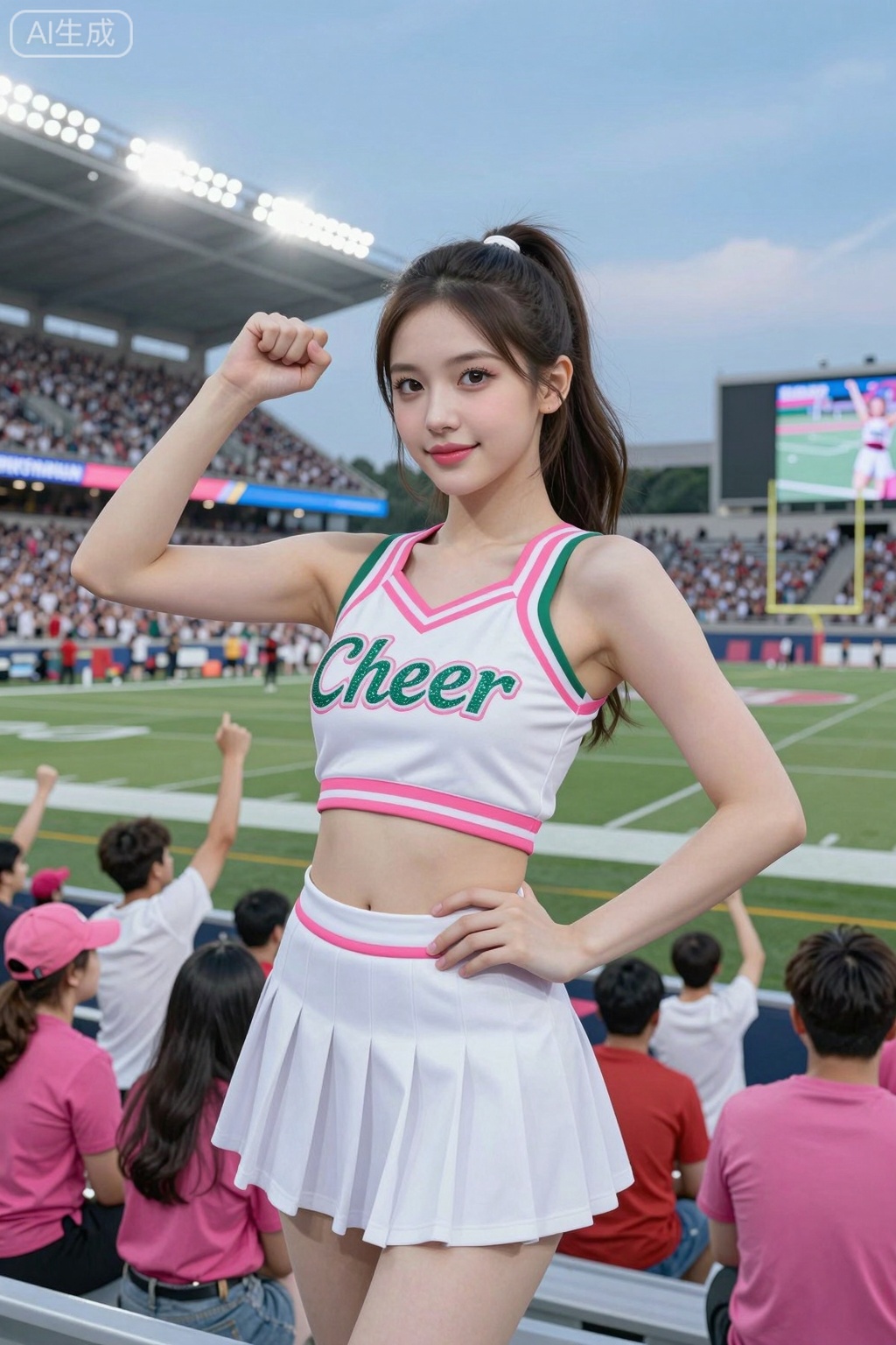 Create an image of a young woman posing confidently in a vibrant sports stadium. She has long, dark hair styled in a sleek ponytail, and her makeup is fresh and youthful, featuring a soft pink lip color and subtle eye makeup. She is wearing a fitted cheerleader outfit that consists of a sparkling green crop top with the word "Cheer" embellished in glittering letters and a matching pleated mini skirt.The background showcases a lively sports scene filled with cheering fans dressed in team colors, with a clear blue sky overhead and stadium lights glowing in the background. The atmosphere is energetic and festive, capturing the spirit of a game day. The focus is on the cheerleader, who is striking a playful pose with her fist raised confidently. The overall color palette consists of pinks, whites, and pops of color from the crowd, enhancing the dynamic and cheerful mood of the scene.