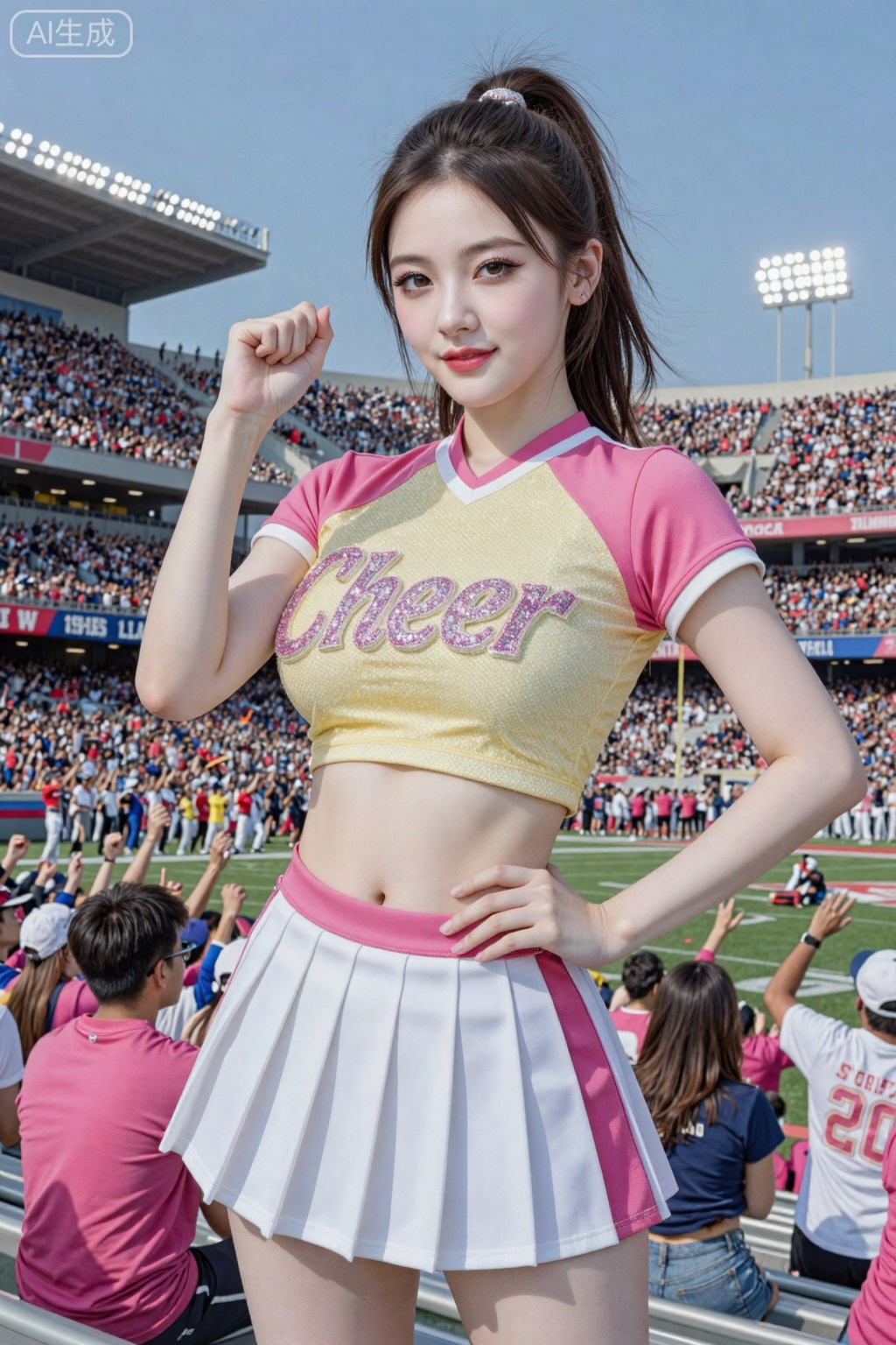 Create an image of a young woman posing confidently in a vibrant sports stadium. She has long, dark hair styled in a sleek ponytail, and her makeup is fresh and youthful, featuring a soft pink lip color and subtle eye makeup. She is wearing a fitted cheerleader outfit that consists of a sparkling yellow crop top with the word "Cheer" embellished in glittering letters and a matching pleated mini skirt.The background showcases a lively sports scene filled with cheering fans dressed in team colors, with a clear blue sky overhead and stadium lights glowing in the background. The atmosphere is energetic and festive, capturing the spirit of a game day. The focus is on the cheerleader, who is striking a playful pose with her fist raised confidently. The overall color palette consists of pinks, whites, and pops of color from the crowd, enhancing the dynamic and cheerful mood of the scene.