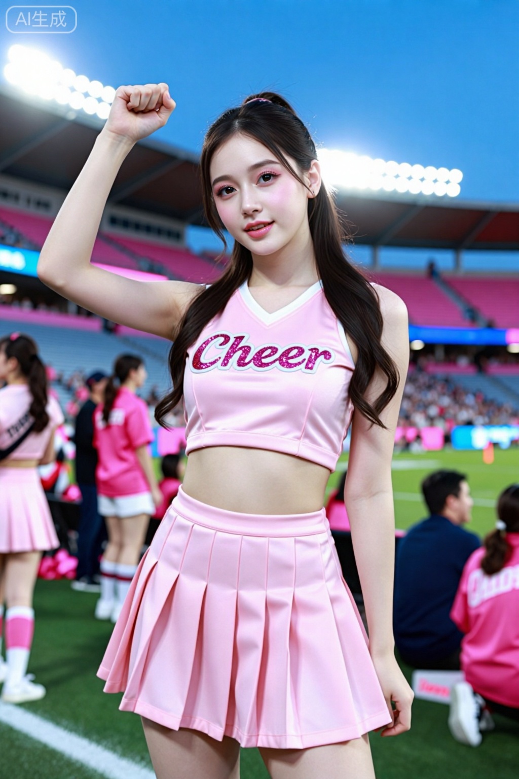 Create an image of a young woman posing confidently in a vibrant sports stadium. She has long, dark hair styled in a sleek ponytail, and her makeup is fresh and youthful, featuring a soft pink lip color and subtle eye makeup. She is wearing a fitted cheerleader outfit that consists of a sparkling pink crop top with the word "Cheer" embellished in glittering letters and a matching pleated mini skirt.The background showcases a lively sports scene filled with cheering fans dressed in team colors, with a clear blue sky overhead and stadium lights glowing in the background. The atmosphere is energetic and festive, capturing the spirit of a game day. The focus is on the cheerleader, who is striking a playful pose with her fist raised confidently. The overall color palette consists of pinks, whites, and pops of color from the crowd, enhancing the dynamic and cheerful mood of the scene.