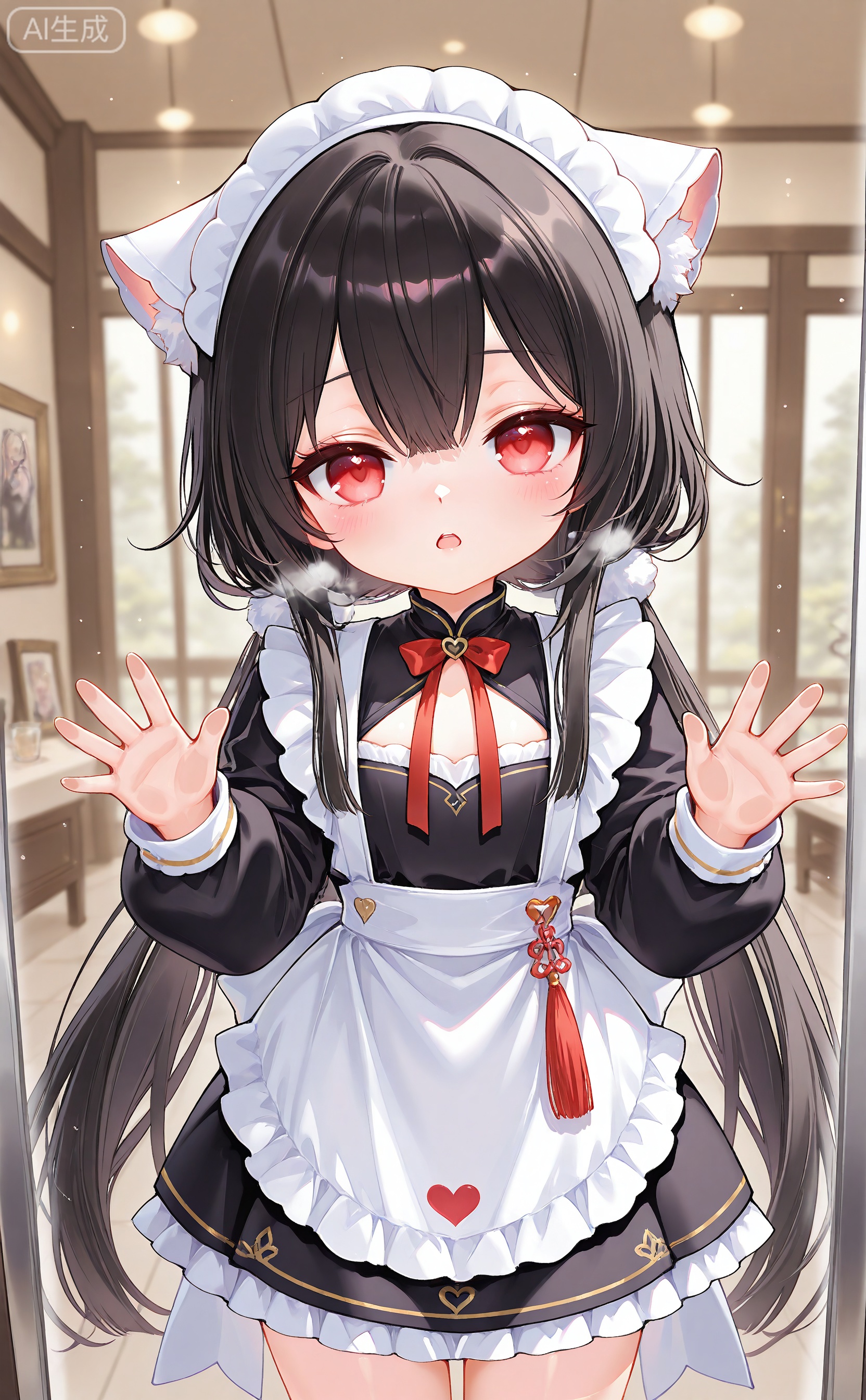 masterpiece,best quality,high quality,loli,chromatic_aberration,aged down,chang_feng_\(azur_lane\),black hair,red_eyes,low twintails
//,
1girl, solo,maid dress,white frilled apron,black maid headdress,lace trim,cleaning glass,earnestly expression,body pressing against glass,holding rag,white rag,glass with breath fog,heart shape on breath fog,draw heart on fog,viewer through glass,glass perspective,glass reflection,slender limbs,pressing cheek on glass,fingers on glass surface,indoor scene,soft light,glass texture,foggy glass detail,anime line art,soft shading
//,
year_2023,year_2024,year_2025,(yago8 pp3,rella:1.1025),ciloranko,sheya,ishiyumi,fkey,tokkyu,infukun,rurudo_lion,kedama_milk,
//,
official art,depth of field,detailed light,blurry background,cinematic lighting,ray tracing, ultra detailed,god rays,backlighting,photo background,film grain,chromatic aberration,volumetric lighting,depth of field,blurry background,shiny skin,floating hair,cinematic lighting,day,very aesthetic,qssj4,distil10,cxqbwh,cxsugerlolijio,
