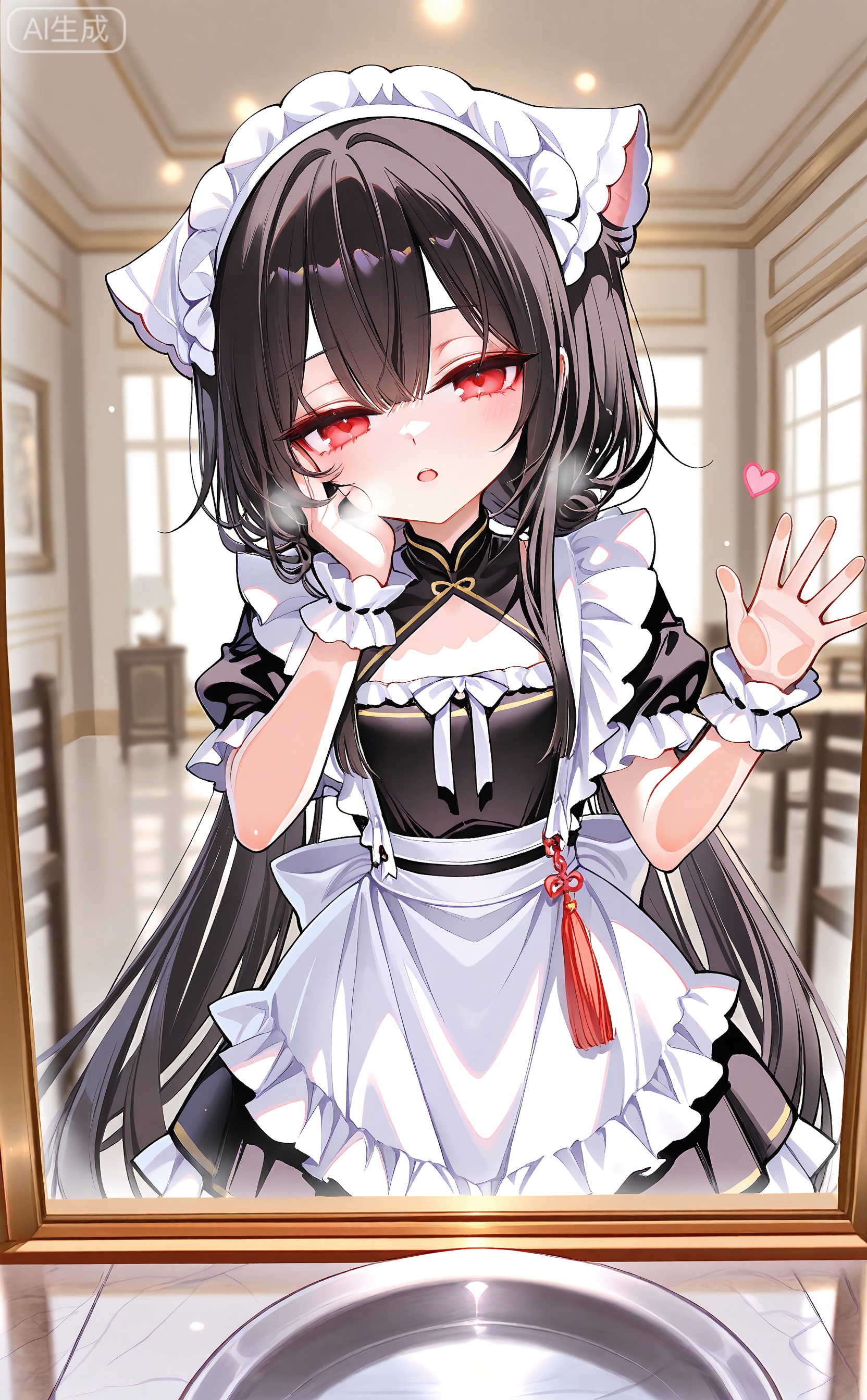 masterpiece,best quality,high quality,loli,chromatic_aberration,aged down,chang_feng_\(azur_lane\),black hair,red_eyes,low twintails
//,
1girl, solo,maid dress,white frilled apron,black maid headdress,lace trim,cleaning glass,earnestly expression,body pressing against glass,holding rag,white rag,glass with breath fog,heart shape on breath fog,draw heart on fog,viewer through glass,glass perspective,glass reflection,slender limbs,pressing cheek on glass,fingers on glass surface,indoor scene,soft light,glass texture,foggy glass detail,anime line art,soft shading
//,
year_2023,year_2024,year_2025,(yago8 pp3,rella:1.1025),ciloranko,sheya,ishiyumi,fkey,tokkyu,infukun,rurudo_lion,kedama_milk,
//,
official art,depth of field,detailed light,blurry background,cinematic lighting,ray tracing, ultra detailed,god rays,backlighting,photo background,film grain,chromatic aberration,volumetric lighting,depth of field,blurry background,shiny skin,floating hair,cinematic lighting,day,very aesthetic,qssj4,distil10,cxqbwh,cxsugerlolijio,