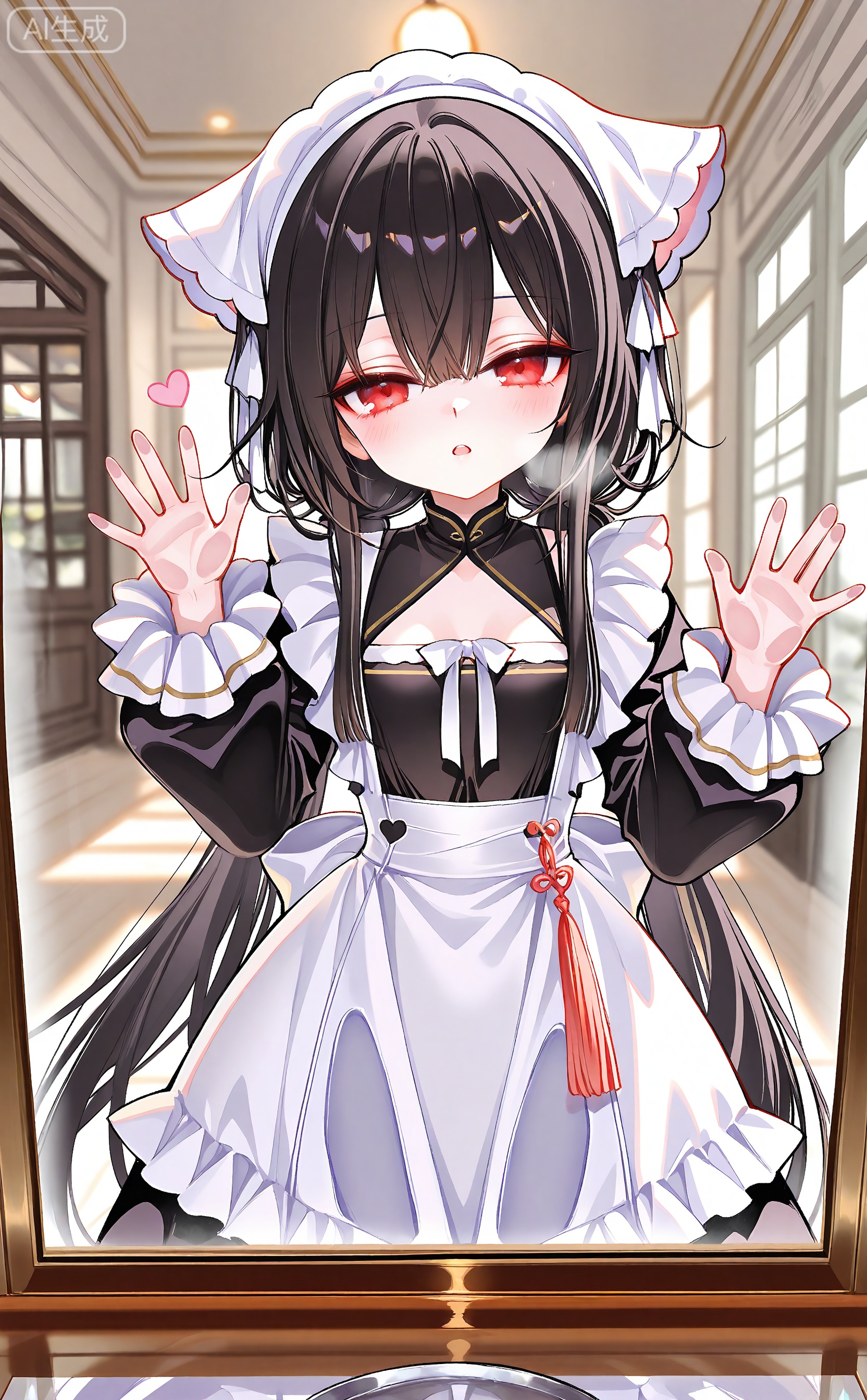 masterpiece,best quality,high quality,loli,chromatic_aberration,aged down,chang_feng_\(azur_lane\),black hair,red_eyes,low twintails
//,
1girl, solo,maid dress,white frilled apron,black maid headdress,lace trim,cleaning glass,earnestly expression,body pressing against glass,holding rag,white rag,glass with breath fog,heart shape on breath fog,draw heart on fog,viewer through glass,glass perspective,glass reflection,slender limbs,pressing cheek on glass,fingers on glass surface,indoor scene,soft light,glass texture,foggy glass detail,anime line art,soft shading
//,
year_2023,year_2024,year_2025,(yago8 pp3,rella:1.1025),ciloranko,sheya,ishiyumi,fkey,tokkyu,infukun,rurudo_lion,kedama_milk,
//,
official art,depth of field,detailed light,blurry background,cinematic lighting,ray tracing, ultra detailed,god rays,backlighting,photo background,film grain,chromatic aberration,volumetric lighting,depth of field,blurry background,shiny skin,floating hair,cinematic lighting,day,very aesthetic,qssj4,distil10,cxqbwh,cxsugerlolijio,