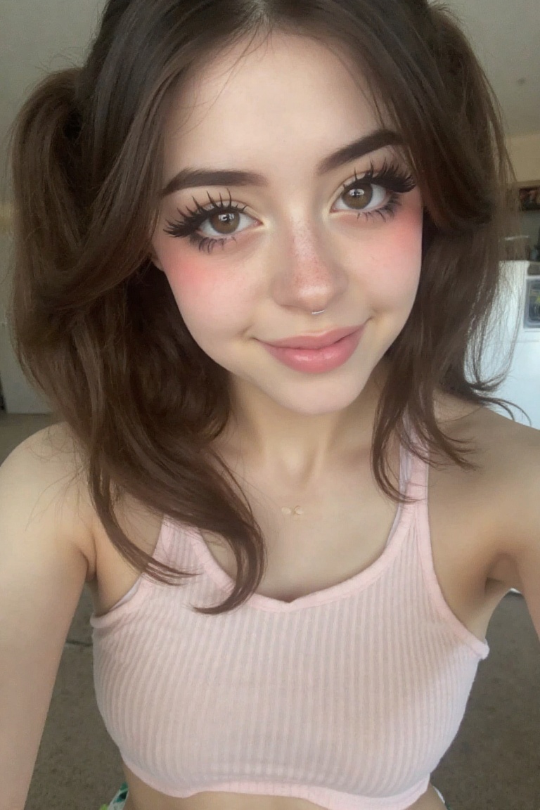POV High-angle view a beautiful young woman,  medium breast,  crop top on Tensor.Art