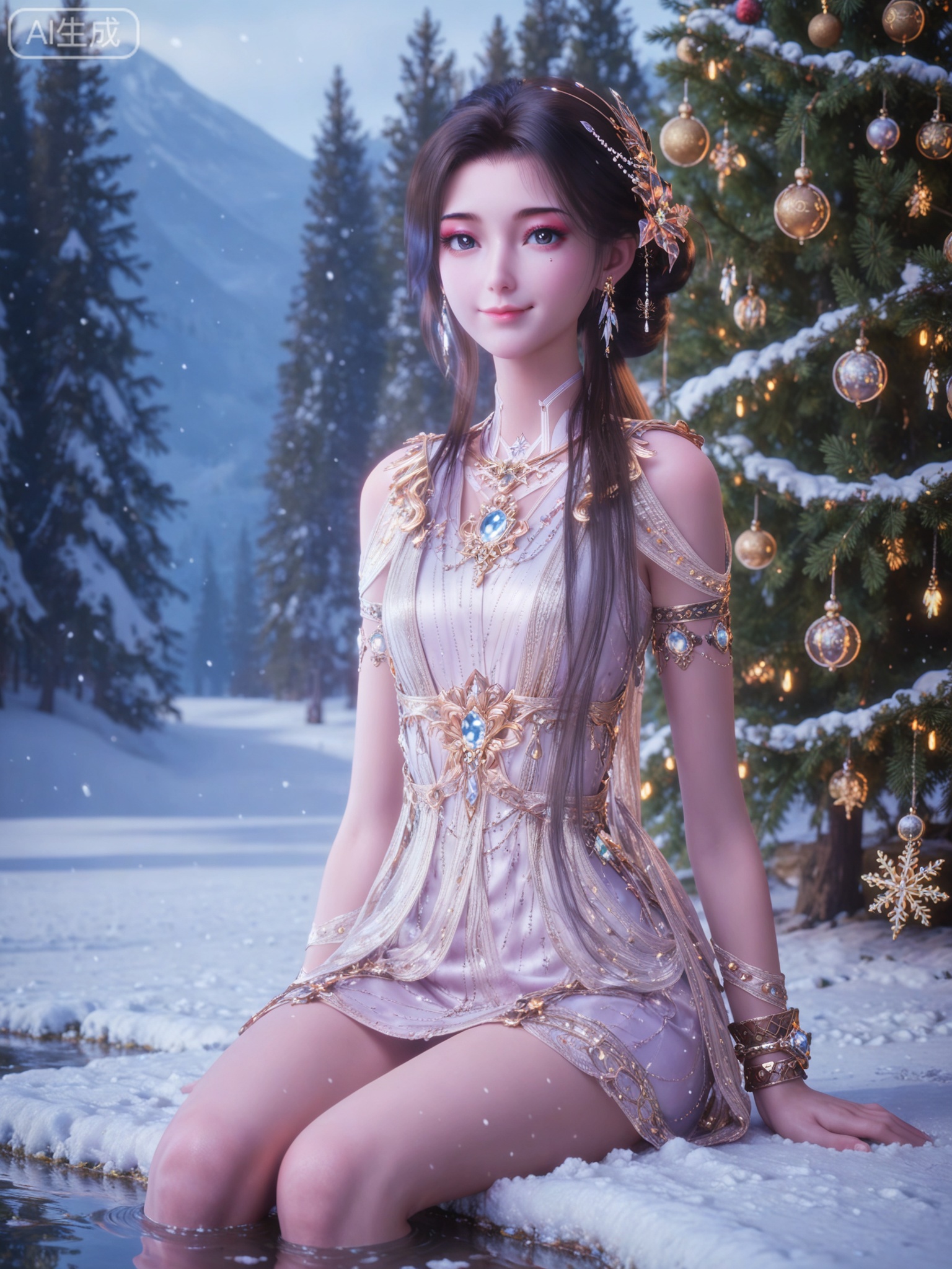 score_9,score_8_up,score_7_up,masterpiece,(best quality),(intricate details:0.9) BREAK (intricate details:0.9),(realistic skin:1.2),masterpiece,best quality,newest,absurdres,hiahres,1girl,jewelry,hair ornament,dress,necklace,lips,eyeshadow,bracelet,tassel,(8k ultra-clear, pony style),photo pose 0.6, micro-expression: soft smile 0.3, half-body + medium shot 0.7,1girl,looking_at_viewer,1boy,hair,realistic,photorealistic,Vivid Colors,bright environment,shiny skin,shiny hairjewelry,detail eyes,Eyes highlights,glowing,sunshine,bright,reflection,bright,sunshine on face,shiny,shinny,petite,thin,leg slimming,lose weight,slim hips,lakeside,delicate water,reflection,(full body:0.5)sitting_down,eyelashes,snow,Winter,Snowy landscape,Snow accumulation,Christmas tree,