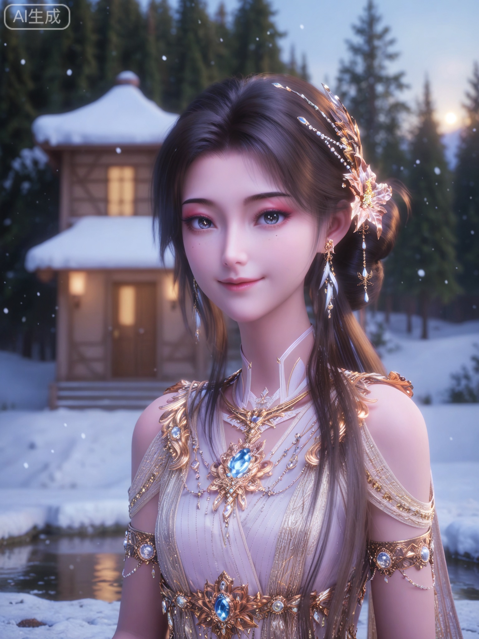 score_9,score_8_up,score_7_up,masterpiece,(best quality),(intricate details:0.9) BREAK (intricate details:0.9),(realistic skin:1.2),masterpiece,best quality,newest,absurdres,hiahres,1girl,jewelry,hair ornament,dress,necklace,lips,eyeshadow,bracelet,tassel,(8k ultra-clear, pony style),photo pose 0.6, micro-expression: soft smile 0.3, half-body + medium shot 0.7,1girl,looking_at_viewer,1boy,hair,realistic,photorealistic,Vivid Colors,bright environment,shiny skin,shiny hairjewelry,detail eyes,Eyes highlights,glowing,sunshine,bright,reflection,bright,sunshine on face,shiny,shinny,petite,thin,leg slimming,lose weight,slim hips,lakeside,delicate water,reflection,(full body:0.5)sitting_down,eyelashes,snow,Winter,Snowy landscape,Snow accumulation,Christmas tree,