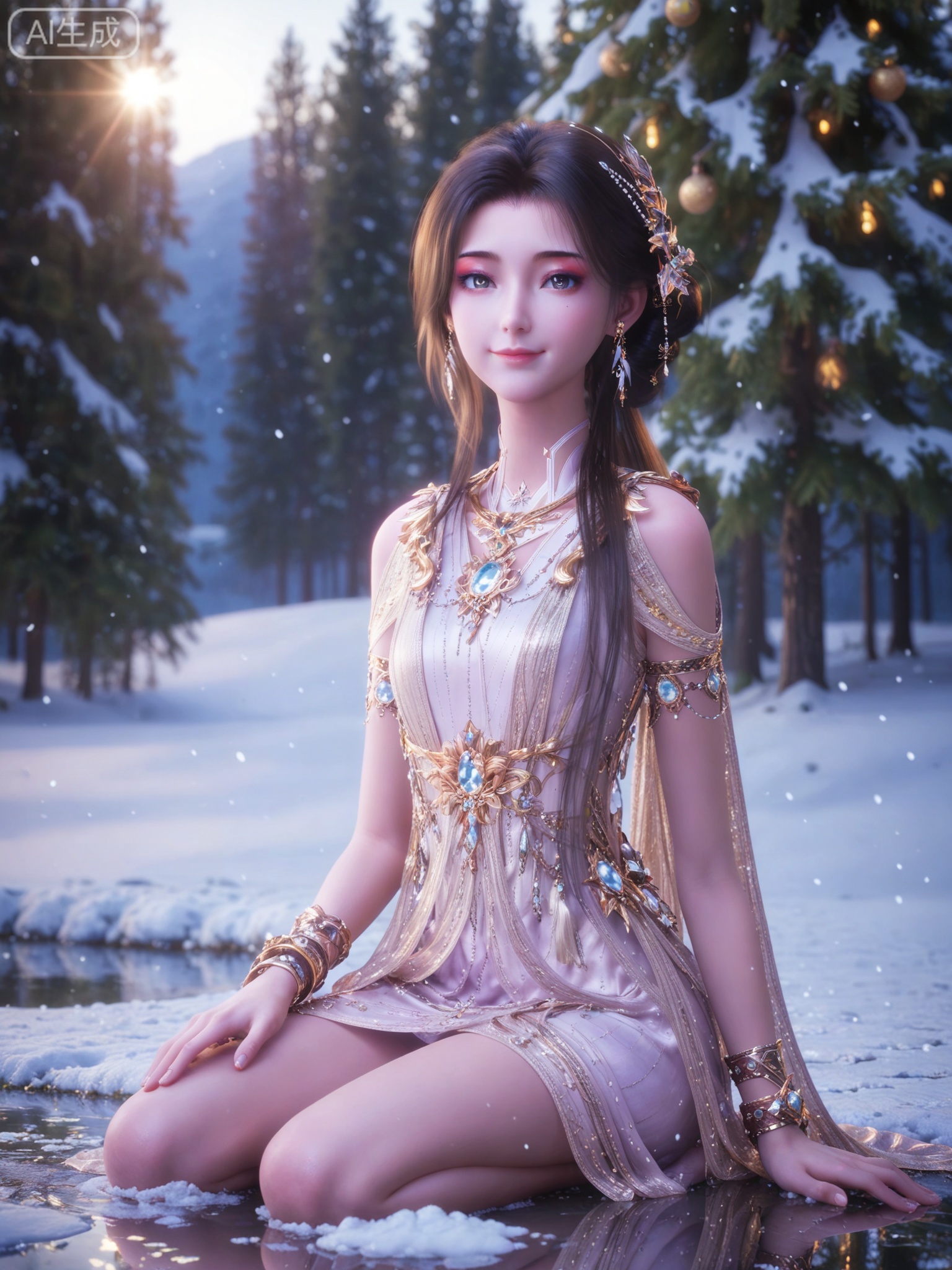 score_9,score_8_up,score_7_up,masterpiece,(best quality),(intricate details:0.9) BREAK (intricate details:0.9),(realistic skin:1.2),masterpiece,best quality,newest,absurdres,hiahres,1girl,jewelry,hair ornament,dress,necklace,lips,eyeshadow,bracelet,tassel,(8k ultra-clear, pony style),photo pose 0.6, micro-expression: soft smile 0.3, half-body + medium shot 0.7,1girl,looking_at_viewer,1boy,hair,realistic,photorealistic,Vivid Colors,bright environment,shiny skin,shiny hairjewelry,detail eyes,Eyes highlights,glowing,sunshine,bright,reflection,bright,sunshine on face,shiny,shinny,petite,thin,leg slimming,lose weight,slim hips,lakeside,delicate water,reflection,(full body:0.5)sitting_down,eyelashes,snow,Winter,Snowy landscape,Snow accumulation,Christmas tree,