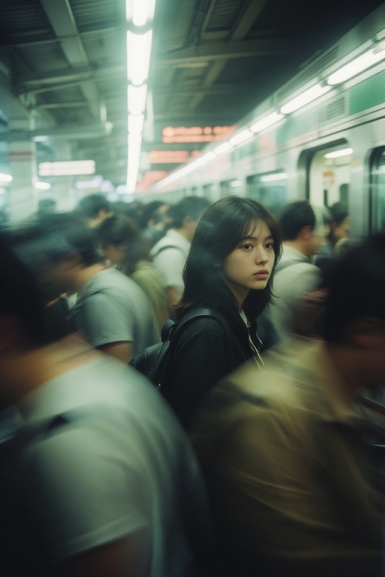 The image is a photograph taken inside a busy train station. The photo is slightly blurred,  likely due to a slow shutter...