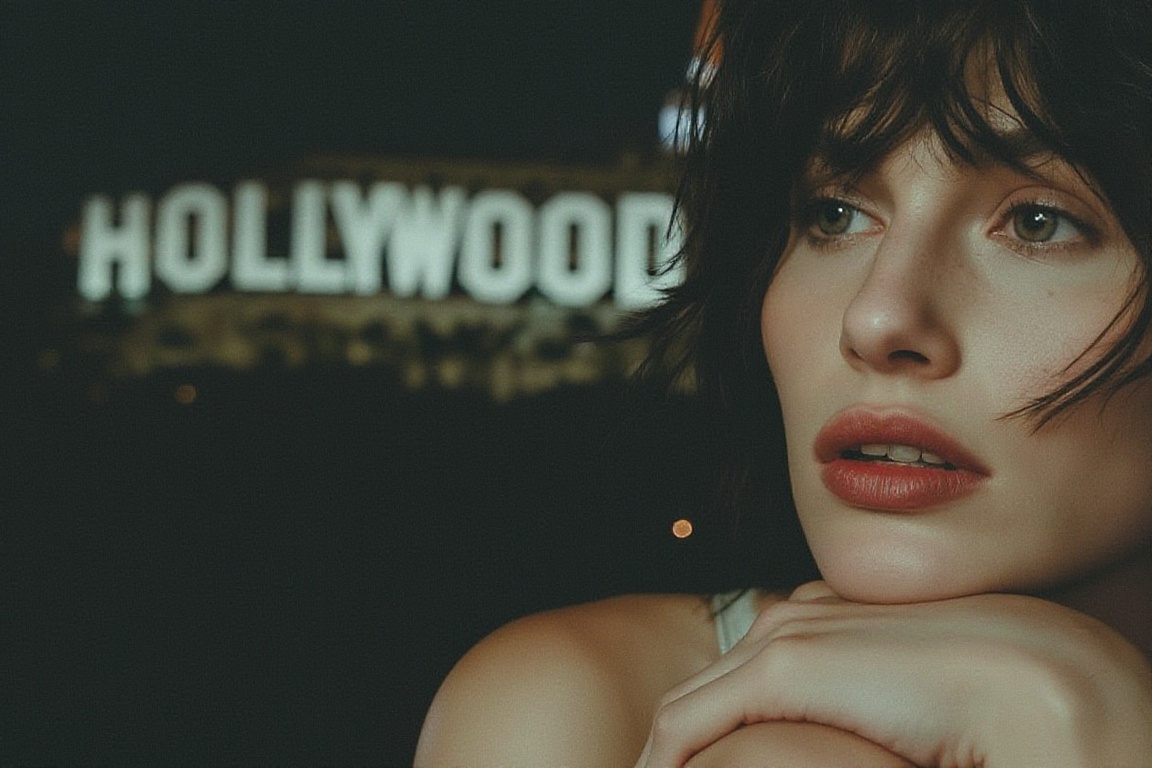 detailed photo of a young 25 year old french model,  short messy bob hairtsyle,  thick red lips. Sitting overlooking the H...