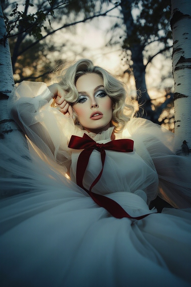 A low-angle cinematic film shot of a pale-skinned supermodel,  captured in a dramatic low-angle perspective. She lying on...
