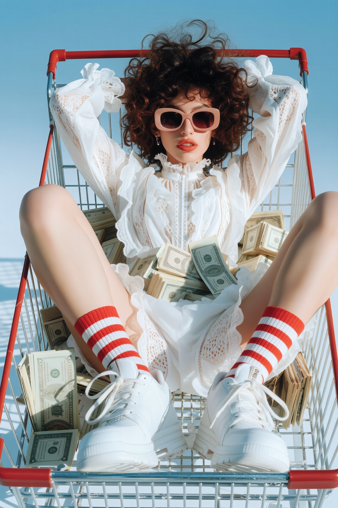 High-angle portrait of a young woman lying inside a red and silver metal shopping cart overflowing with stacks of dollar b...