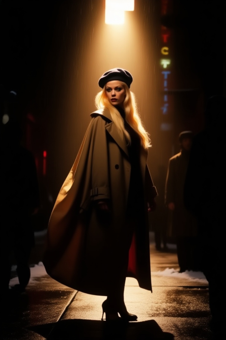 Create a scene where a woman with long,  blonde hair stands in the heart of a bustling city during winter. A light shines...