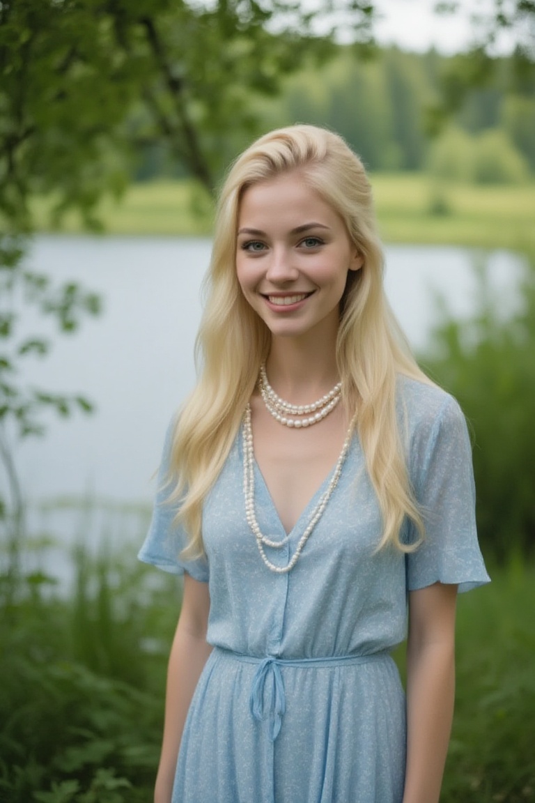 Create an image of a young woman with long blonde hair,  smiling as she stands in a natural,  serene environment. She wear...