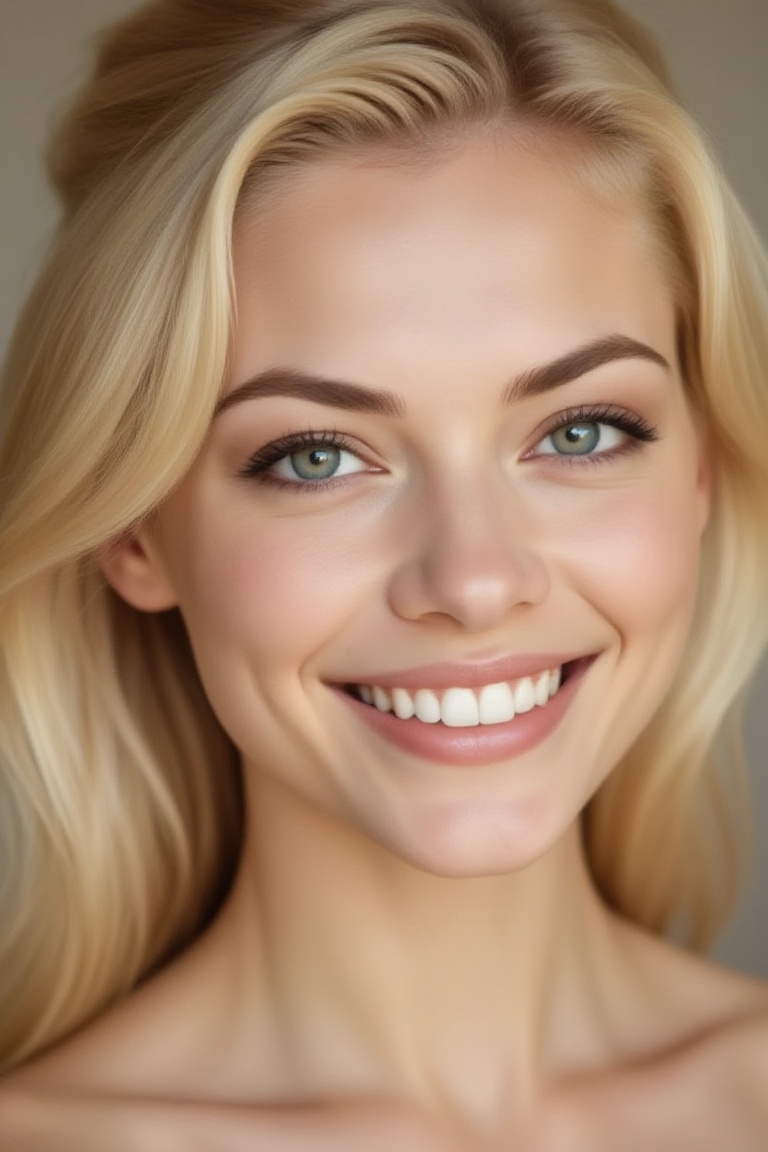 Headshot of a blonde woman with gentle,  warm lighting,  focusing on her expressive eyes and radiant smile. The background...
