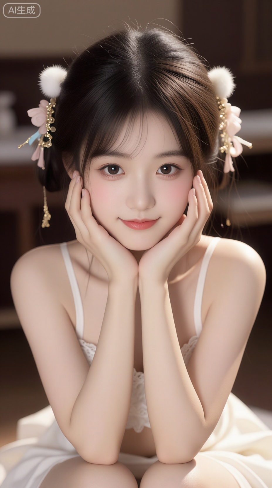 A beautiful young East Asian woman with long, straight black hair styled into two pigtails tied with light blue ribbons and fluffy white pom-pom hair clips, wearing a delicate white lace-trimmed top with a soft, feminine design, soft natural makeup featuring rosy cheeks, glossy pink lips, and defined eyes with subtle eyeliner, resting her chin on her hands in a cute and playful pose, gentle expression with a slight smile and wide, sparkling eyes, sitting indoors in a dimly lit room with warm ambient lighting creating a cozy and dreamy atmosphere, high-resolution photo-realistic portrait with smooth skin texture, detailed hair strands, and soft shadows enhancing facial contours — ar 3:4 --v 6 --style raw --lighting soft indoor lighting with warm highlights and gentle glow
