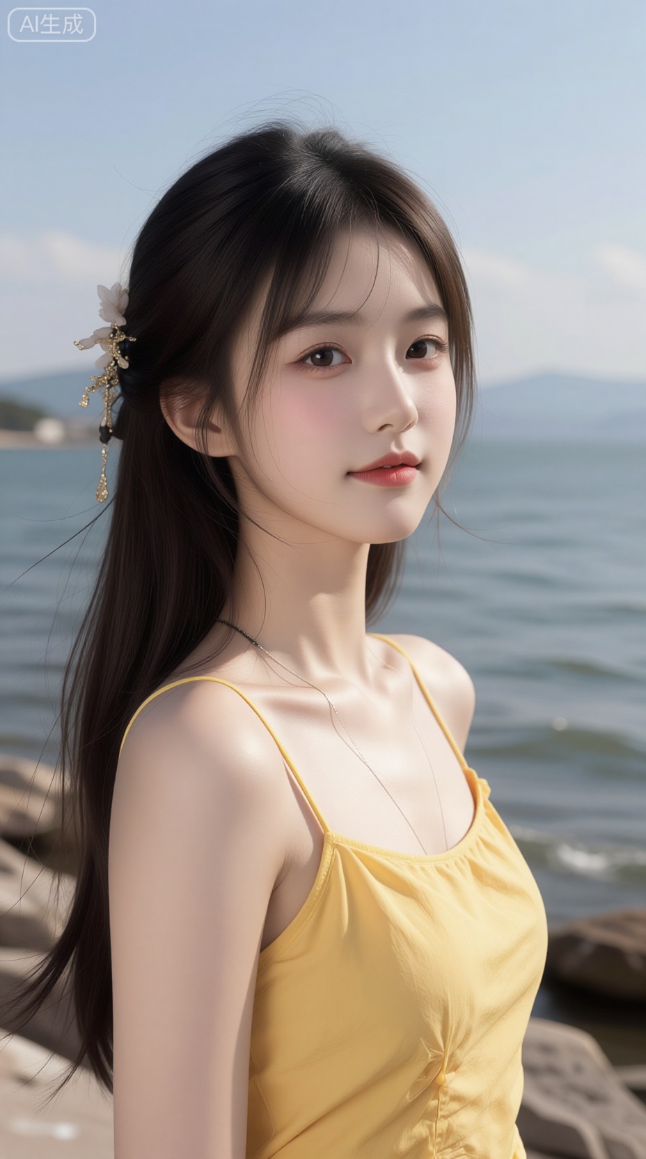 A beautiful young East Asian woman with long, flowing dark hair gently blown by the breeze, wearing a bright yellow spaghetti-strap top with soft fabric texture, layered necklaces including a black choker and a delicate chain, standing by a seaside rocky shore with calm blue water and distant mountains under a clear sky, natural daylight enhancing her radiant skin tone and subtle makeup featuring rosy cheeks, soft pink lips, and defined eyes, serene expression with a slight gaze toward the camera, high-resolution photo-realistic portrait with lifelike details, natural lighting, and shallow depth of field focusing on her face — ar 3:4 --v 6 --style raw --lighting natural sunlight with soft shadows and gentle highlights, cinematic outdoor ambiance