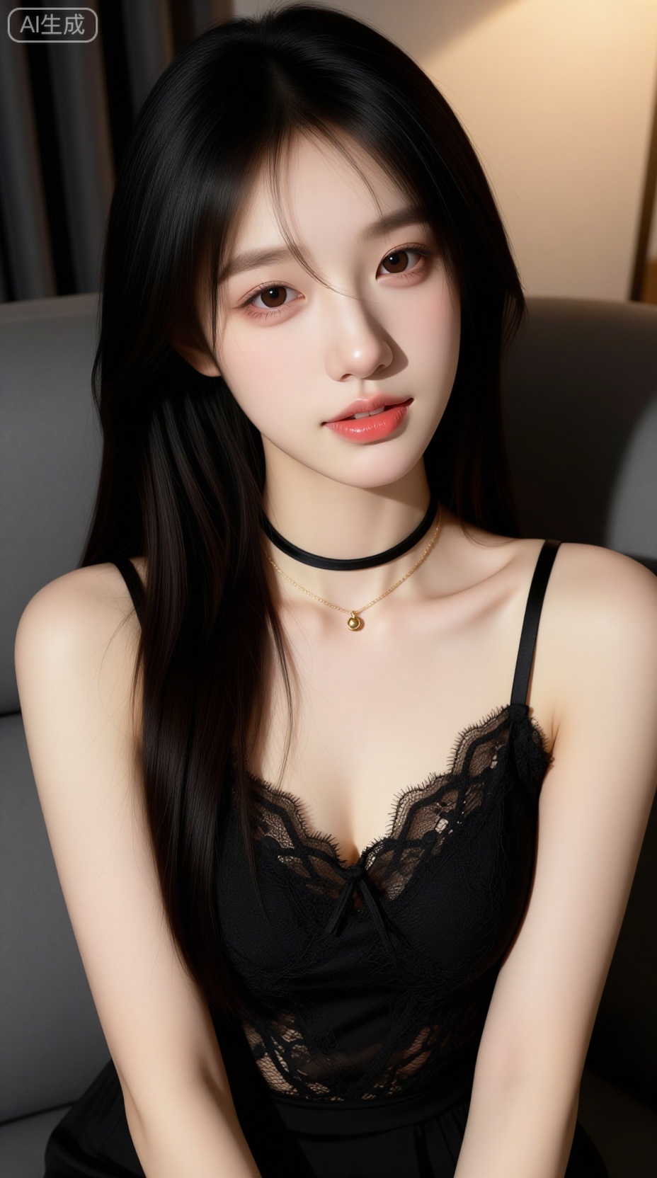 A beautiful young East Asian woman with long, straight black hair gently cascading over her shoulders, wearing a delicate black lace camisole and a thin black choker necklace layered with a fine gold chain featuring a small pendant, soft natural makeup with defined eyebrows, subtle eyeliner, rosy cheeks, and glossy red lips, sitting on a gray sofa in a cozy indoor setting, warm ambient lighting creating soft highlights on her skin and hair, serene expression with a slight smile and direct gaze, high-resolution photo-realistic portrait with smooth skin texture, realistic fabric details, and shallow depth of field focusing on her face — ar 3:4 --v 6 --style raw --lighting warm indoor lighting with soft shadows and gentle glow