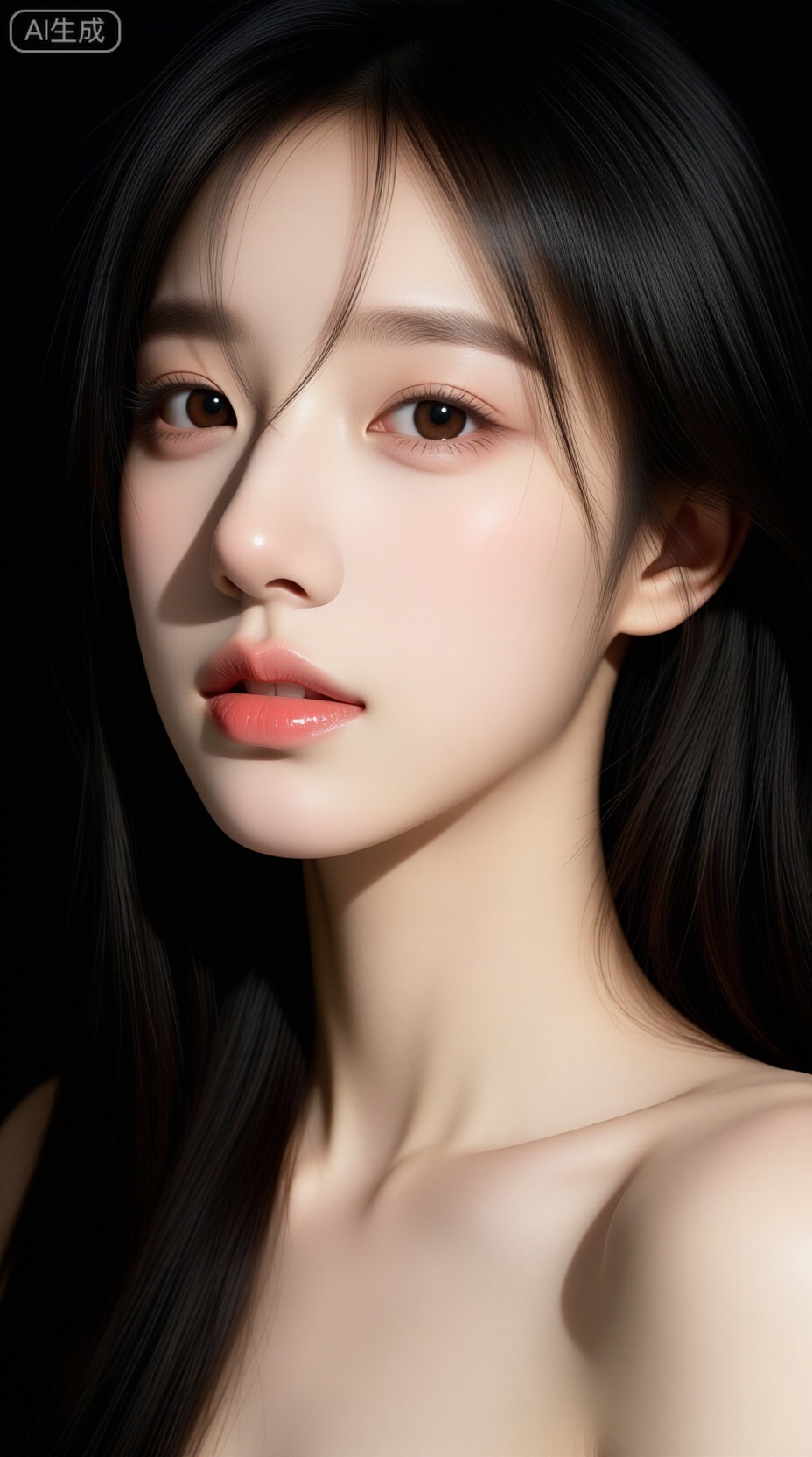 A stunning young East Asian woman with long, sleek black hair gently framing her face, soft natural makeup featuring rosy cheeks, subtle eyeliner, and glossy coral-pink lips, clear radiant skin with a smooth, dewy finish, expressive brown eyes gazing directly at the camera with a calm and serene expression, bare shoulders suggesting a minimalist or elegant look, dramatic studio lighting with strong directional light creating soft highlights on her cheekbones, nose, and jawline, deep black background enhancing contrast and focus on her facial features, high-resolution photo-realistic portrait with lifelike skin texture, fine hair details, and cinematic depth — ar 3:4 --v 6 --style raw --lighting dramatic side-lighting with soft shadows and high contrast, emphasizing facial contours and elegance