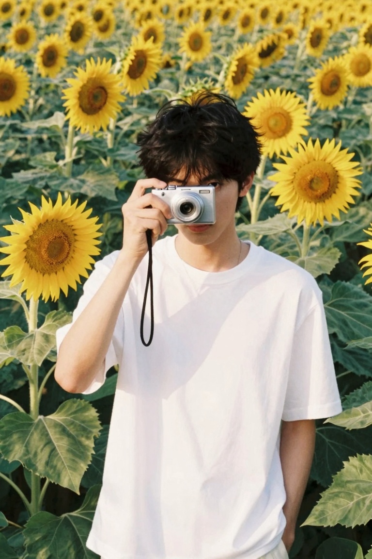 retrodigicam,  A candid photo of a teenage boy with black hair standing in a sunflower field under warm summer light. He i...