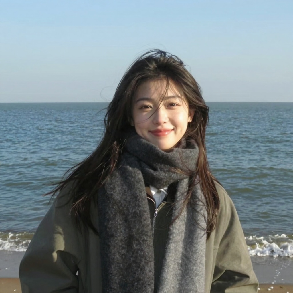 retrodigicam,  A candid digicam-style photo of a young woman standing by the seaside,  framed from the upper body on Tenso...