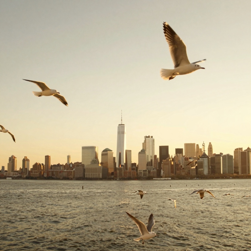 retrodigicam,  A digicam-style photo of the New York City skyline viewed from a boat in the middle of the sea,  with the c...