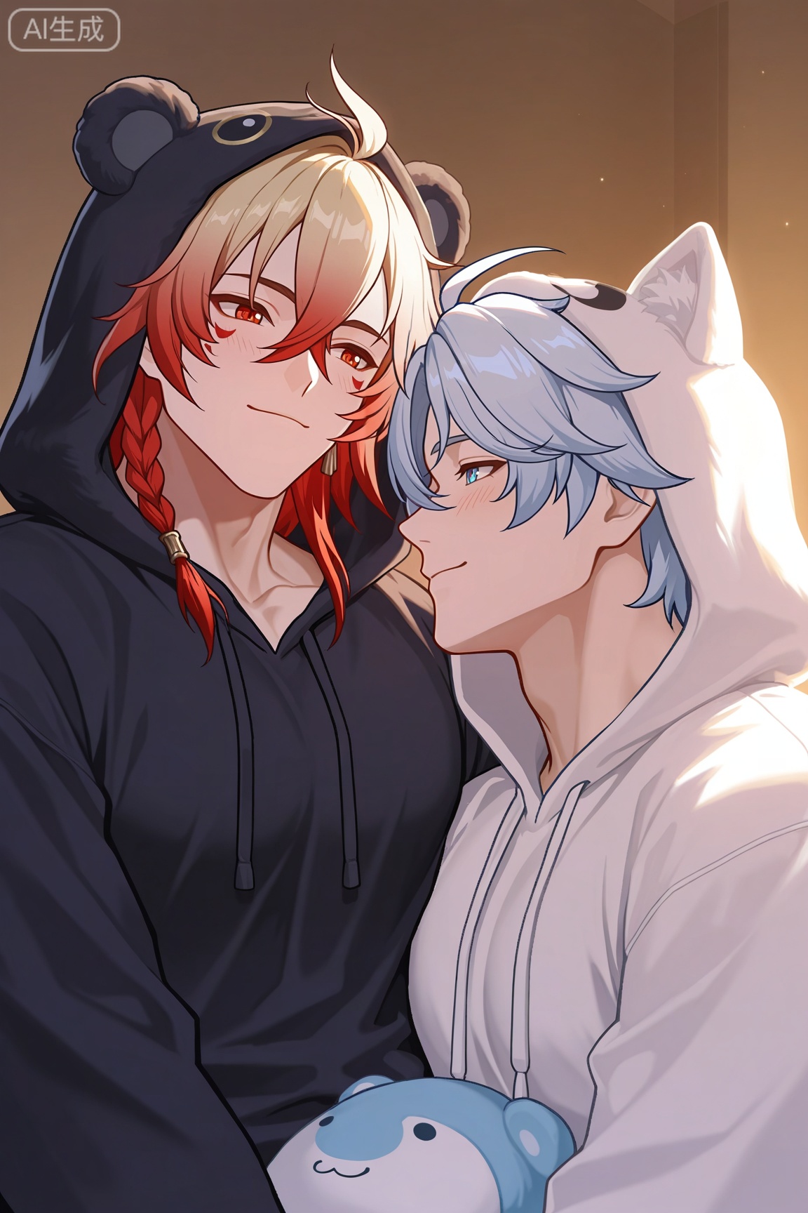 mydei (honkai: star rail),

phainon (honkai: star rail))),white hair,blue eyes,short hair,ahoge


xiaozhitiao,,
(masterpiece:1.3), (best quality:1.3), (ultra-detailed:1.2), absurdres, highres, 4k, official art, sharp focus,
((((2boys)))), yaoi, male focus, (muscular male:1.3), (bara:1.2), (toned male:1.1), collarbone,
(side-by-side:1.3), (sitting on a bed:1.2), (couple:1.4), (loving atmosphere:1.3),


(wearing matching animal kigurumi pajamas:1.4), (one wearing white cat hoodie, one wearing black bear hoodie:1.2), hood up, animal hood, long sleeves,
(blush:1.4), (happy, loving gaze:1.3), (looking at each other:1.2), smile,
(one holding a stuffed toy:1.2),
simple background, white background, cozy, soft lighting, upper body