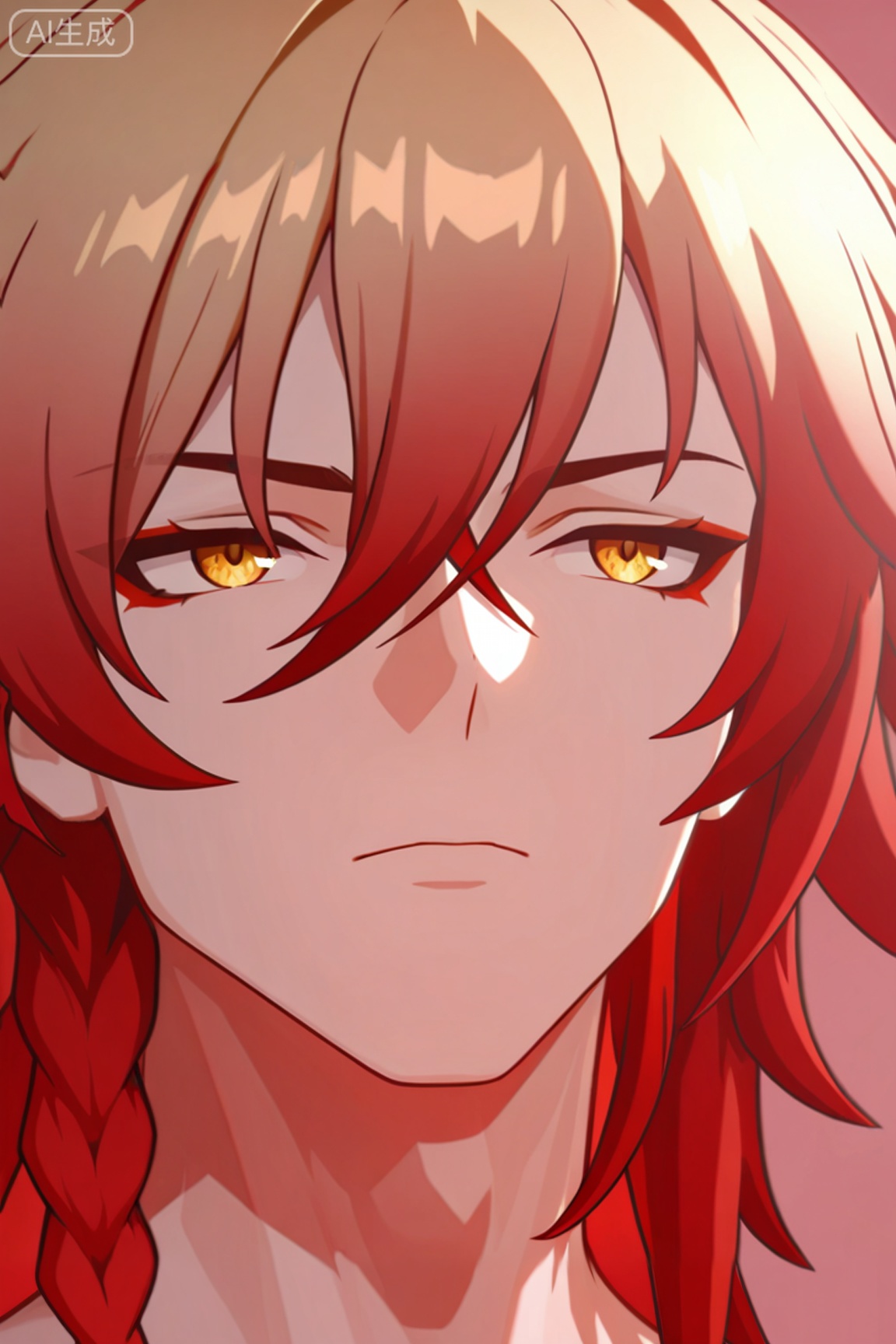 1boy, mydei (honkai: star rail), blonde hair,red hai,gradient hair,medium hair,hair between eyes,braid,eyeliner,yellow eyes,

