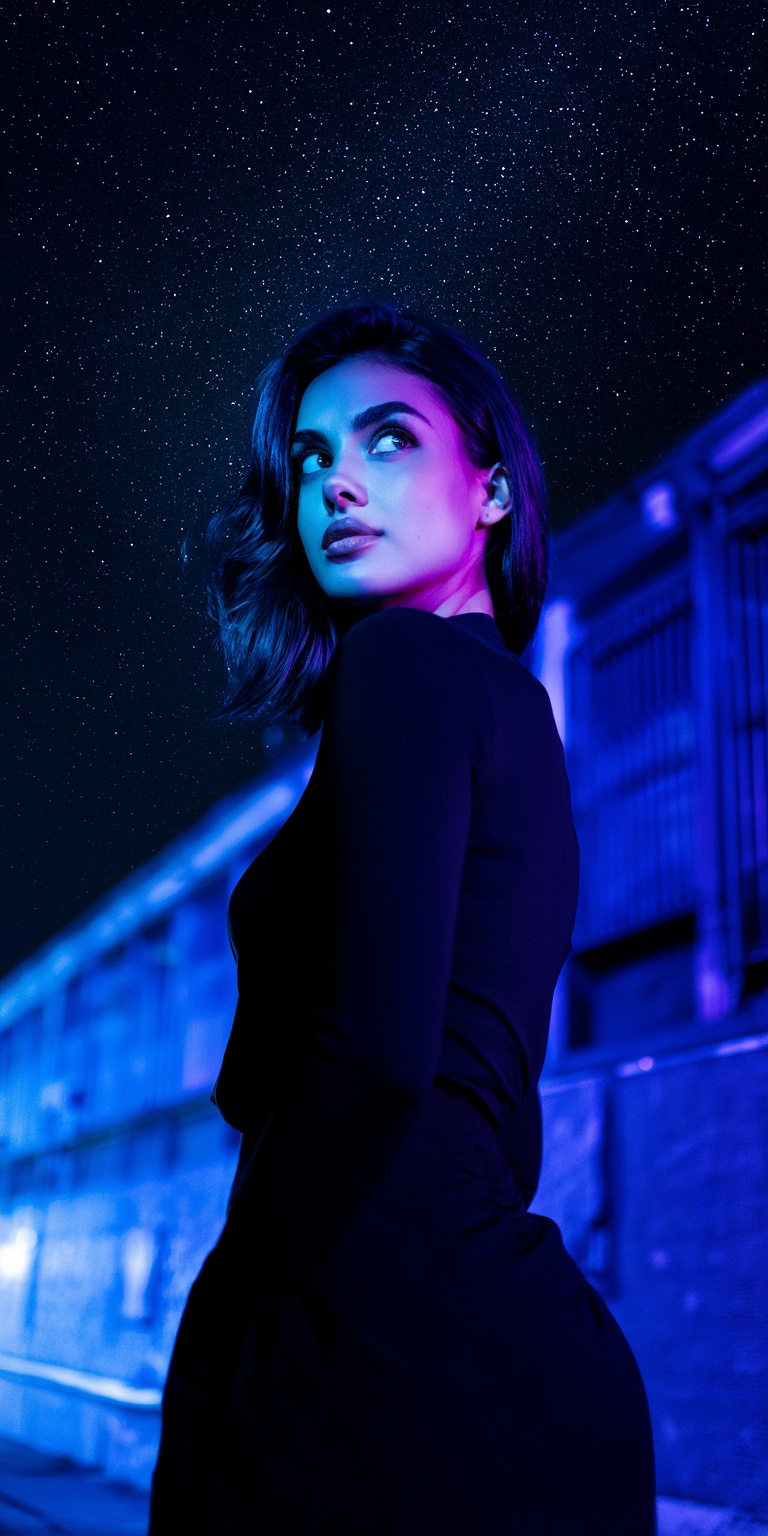 A stylized yet realistic color portrait where noir atmosphere meets astrophotography-inspired lighting. The woman dominate...