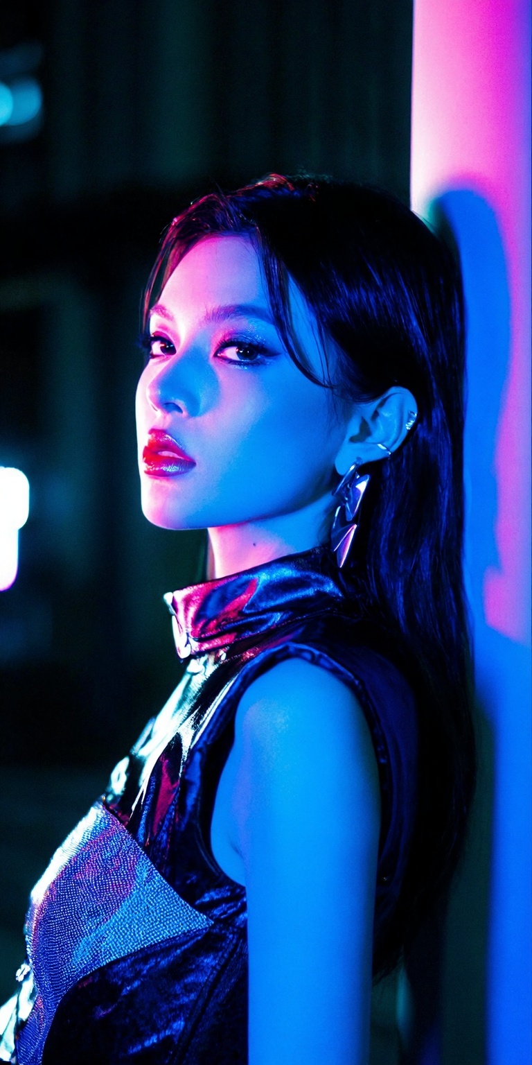 A stylized yet realistic Y2K color noir portrait featuring a woman as the **** subject in a dark city environment at night...