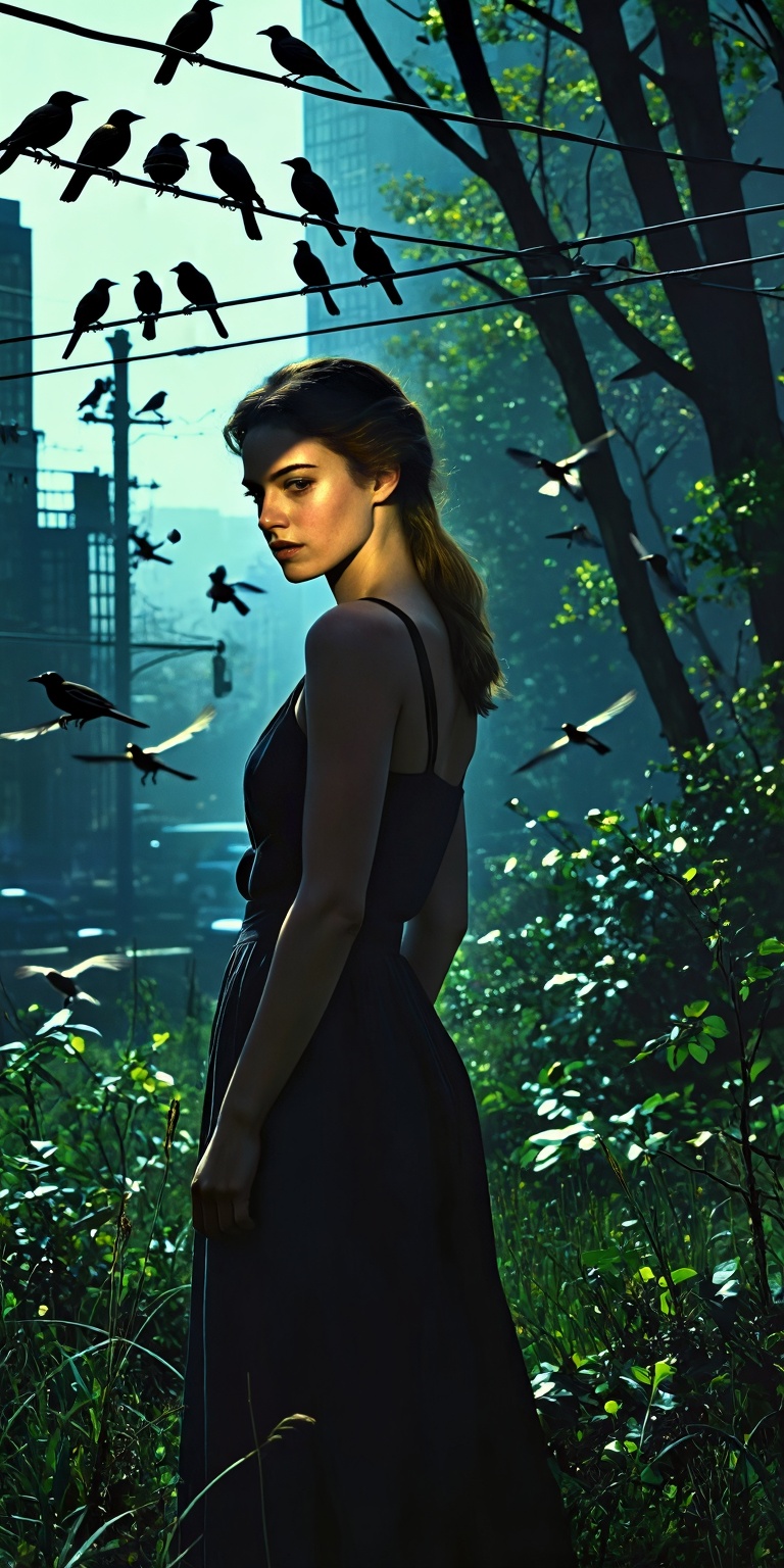 A stylized yet realistic color portrait that merges classic noir composition with an immersive birdwatching scene. The wom...