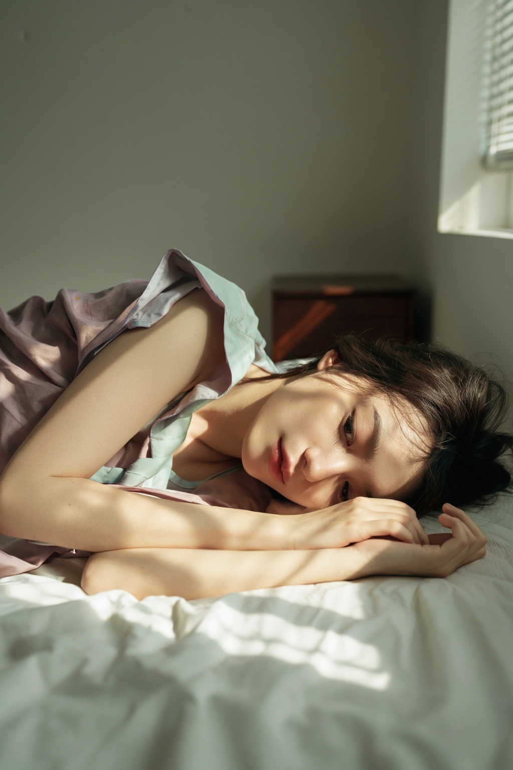 An aesthetic,  photorealistic indoor portrait of a person lying on a bed in a softly lit bedroom during late afternoon. Su...