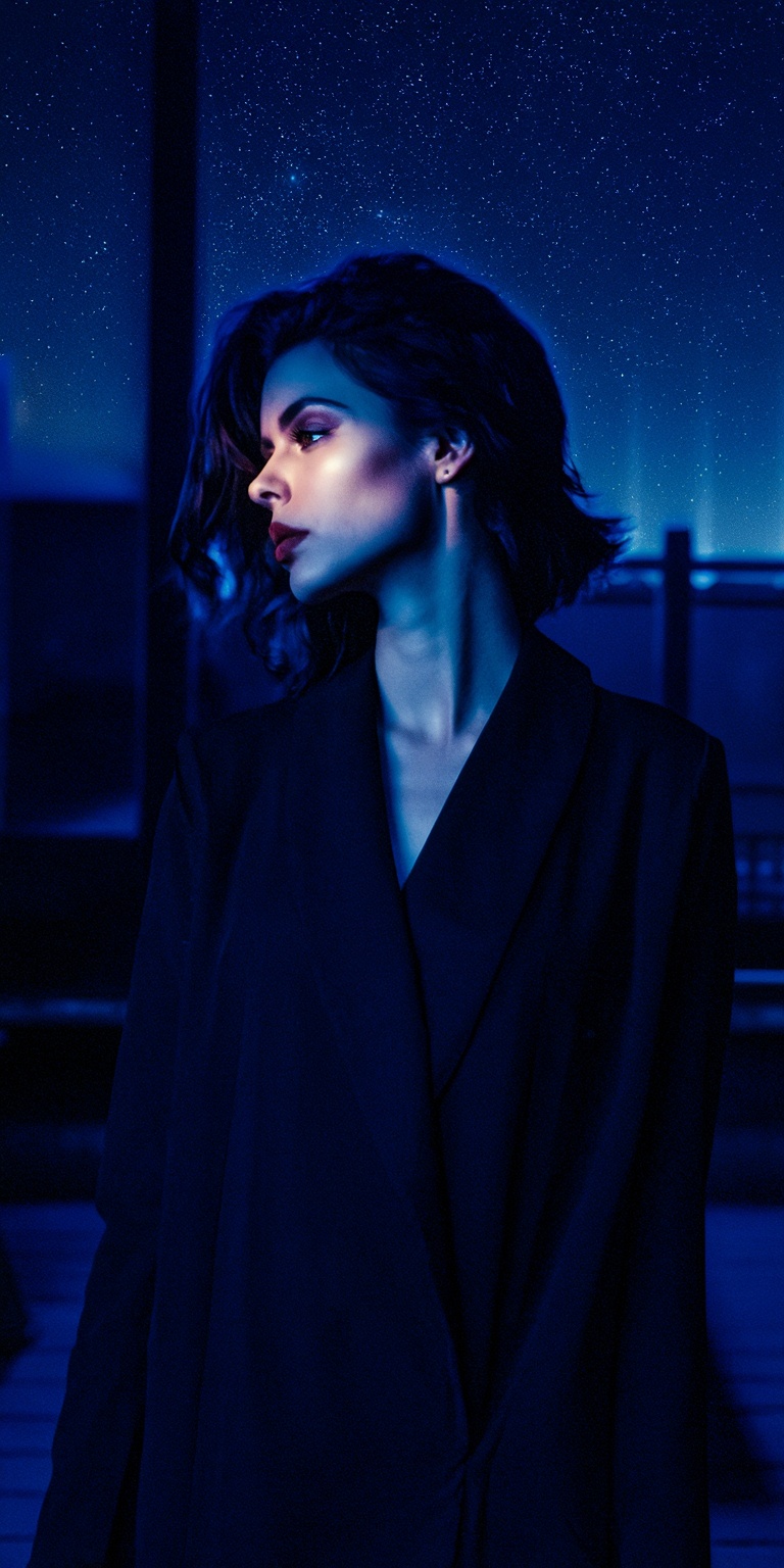 A dark,  atmospheric color portrait inspired by classic noir composition and the visual language of astrophotography. The...