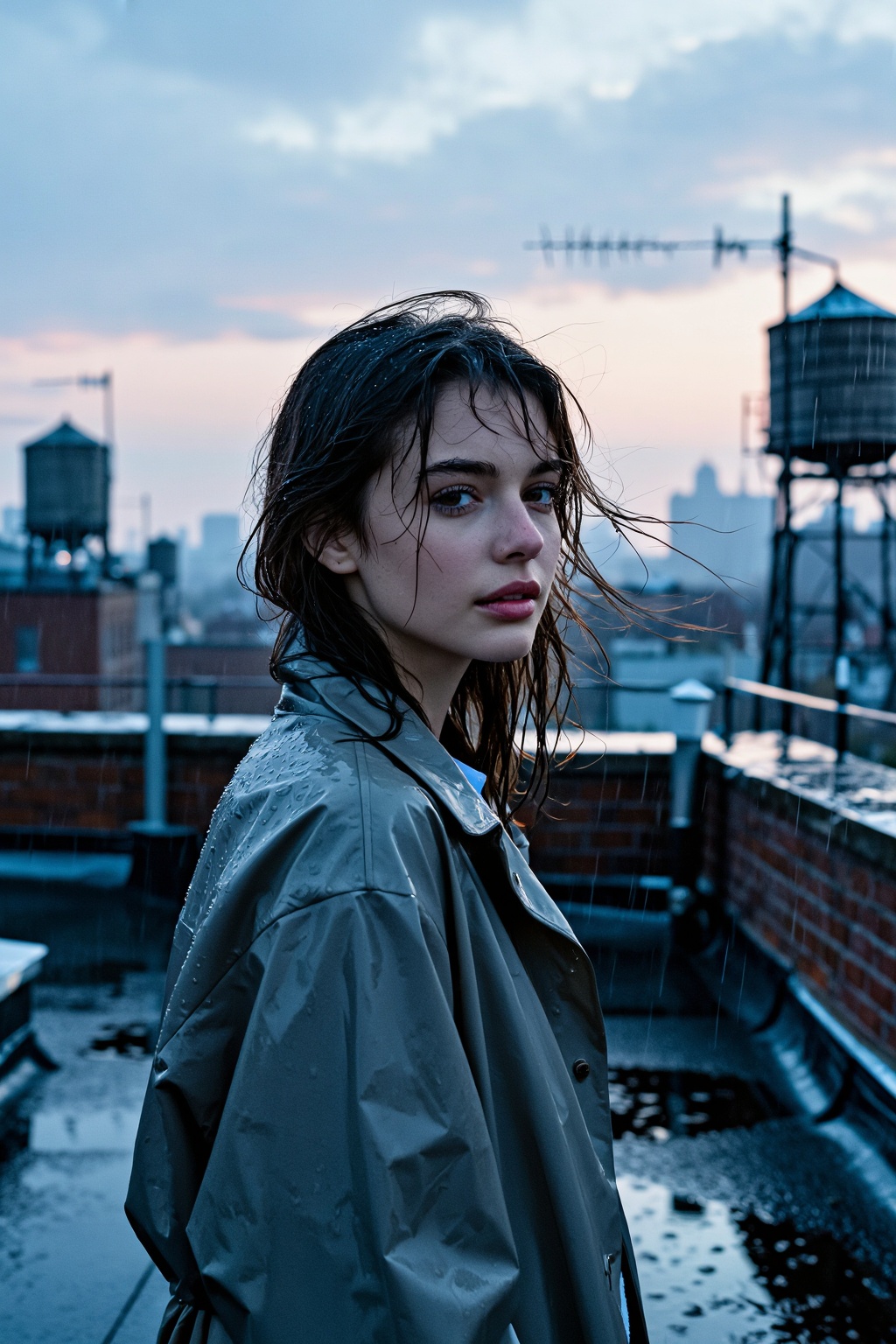 A realistic environmental portrait of a young woman standing on a rain-soaked city rooftop at dawn,  captured in cinematic...