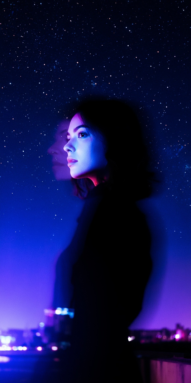 A cinematic color portrait inspired by noir pacing and astrophotography aesthetics,  capturing a woman as the central figu...