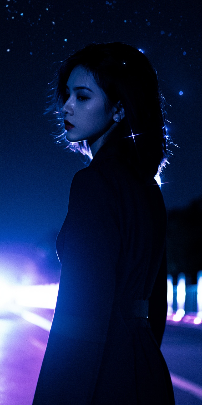 A cinematic color noir portrait centered on a woman standing alone at night in a stark urban environment,  infused with as...