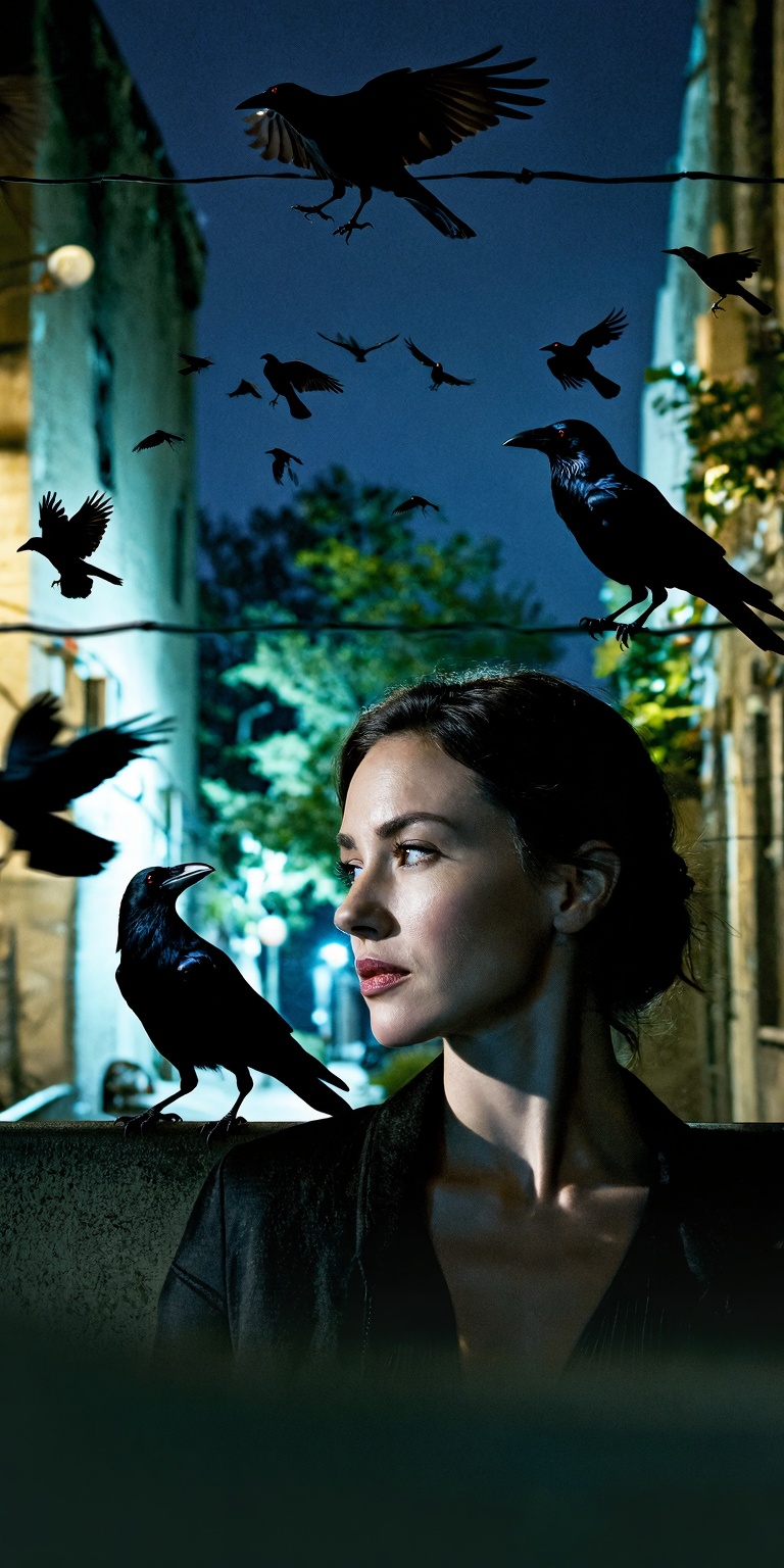 A cinematic color-noir portrait framed from the shoulders upward,  portraying a woman immersed in birdwatching within a da...