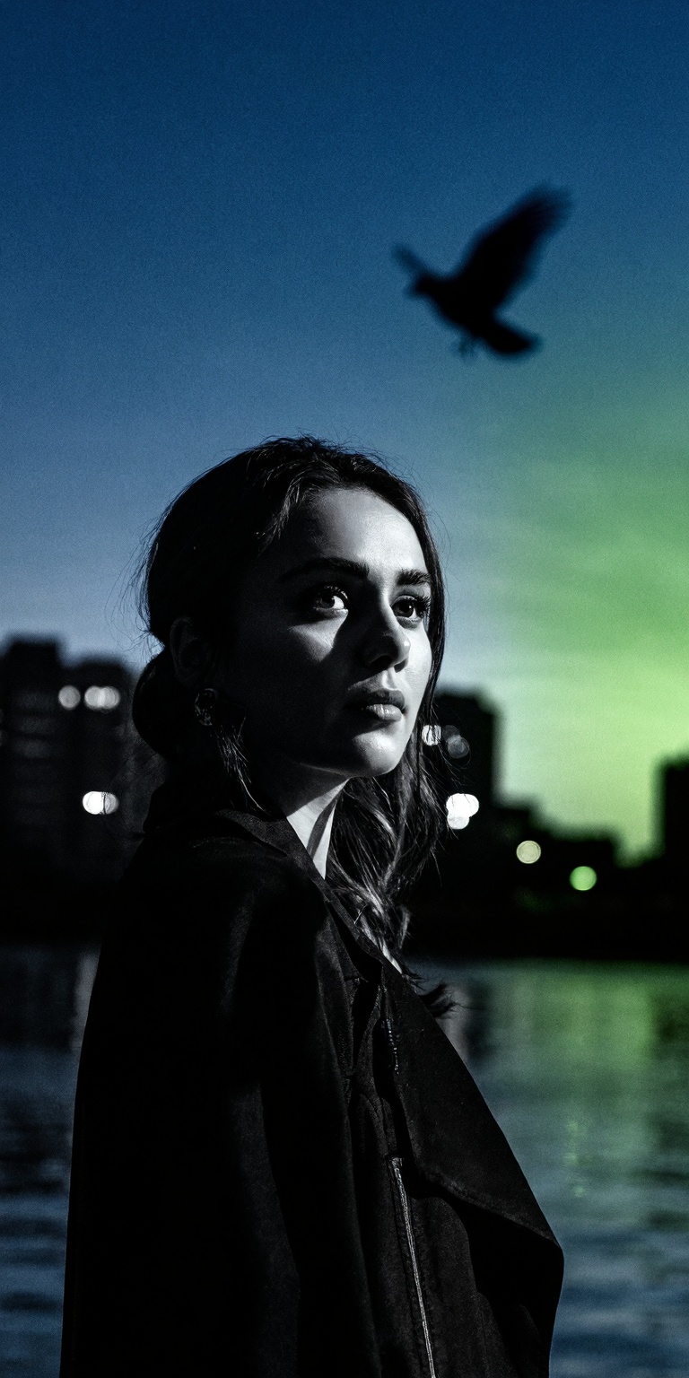 A high-contrast color noir portrait centered on a woman engaged in birdwatching,  set in a shadowy urban-edge environment...