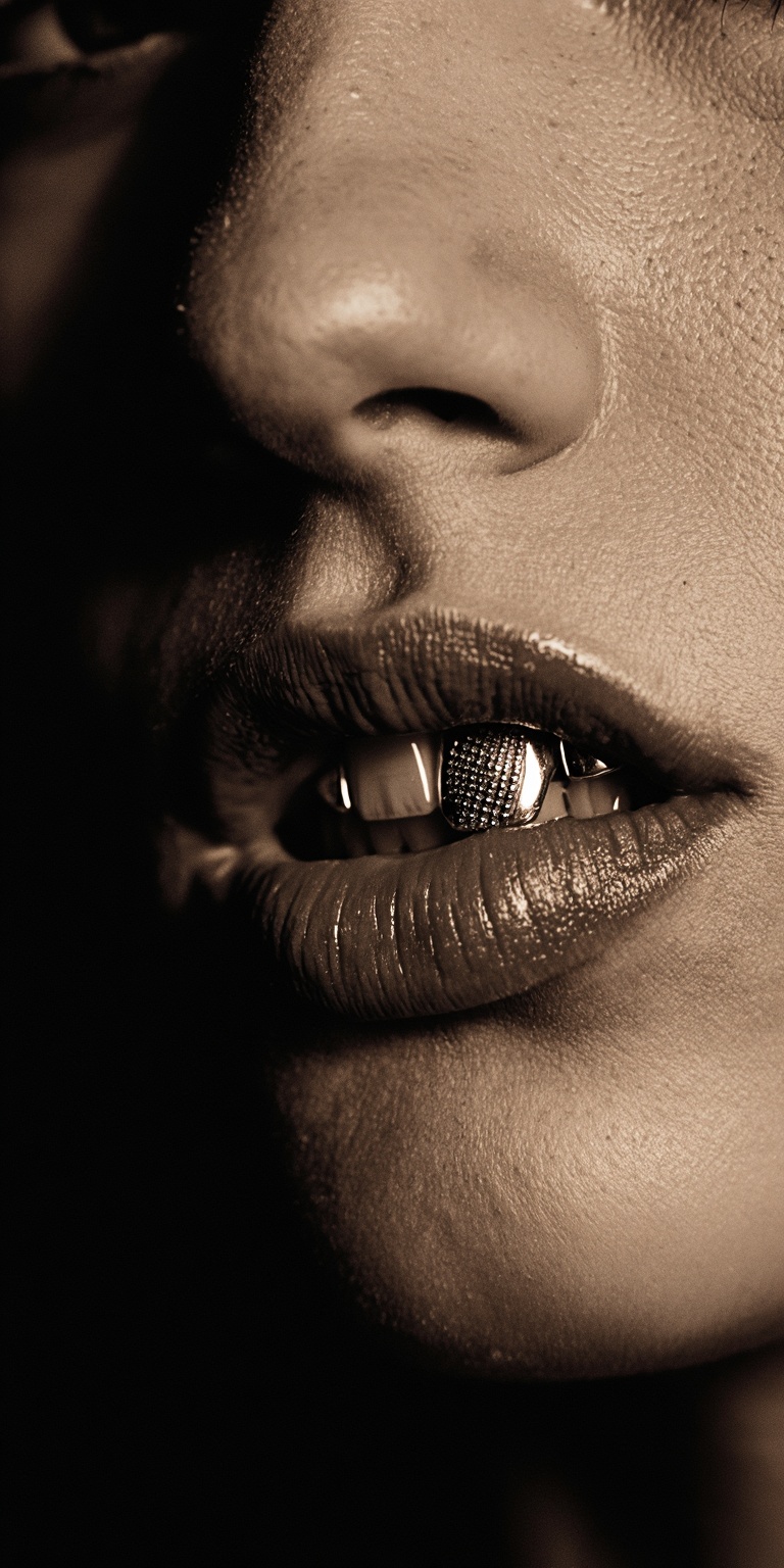An extreme close-up black-and-white noir portrait focused almost entirely on a woman’s mouth and lower face,  with the too...