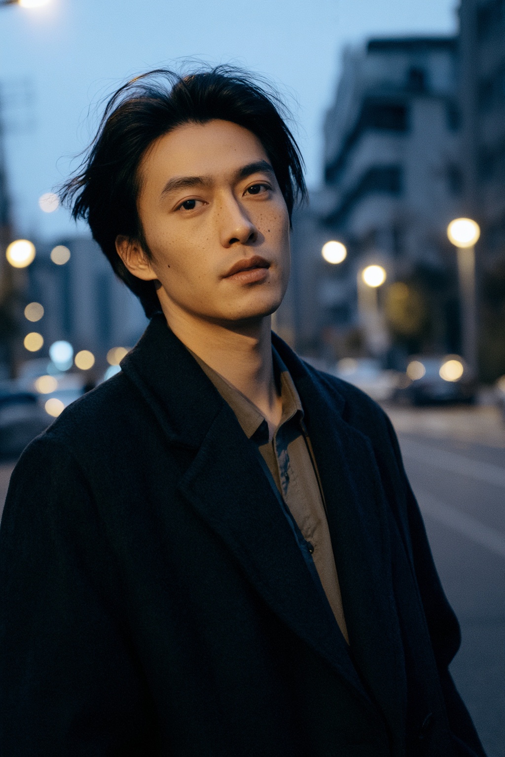 A cinematic realistic portrait of an Asian man embodying aesthetic beauty through simplicity and mood. He stands outdoors...